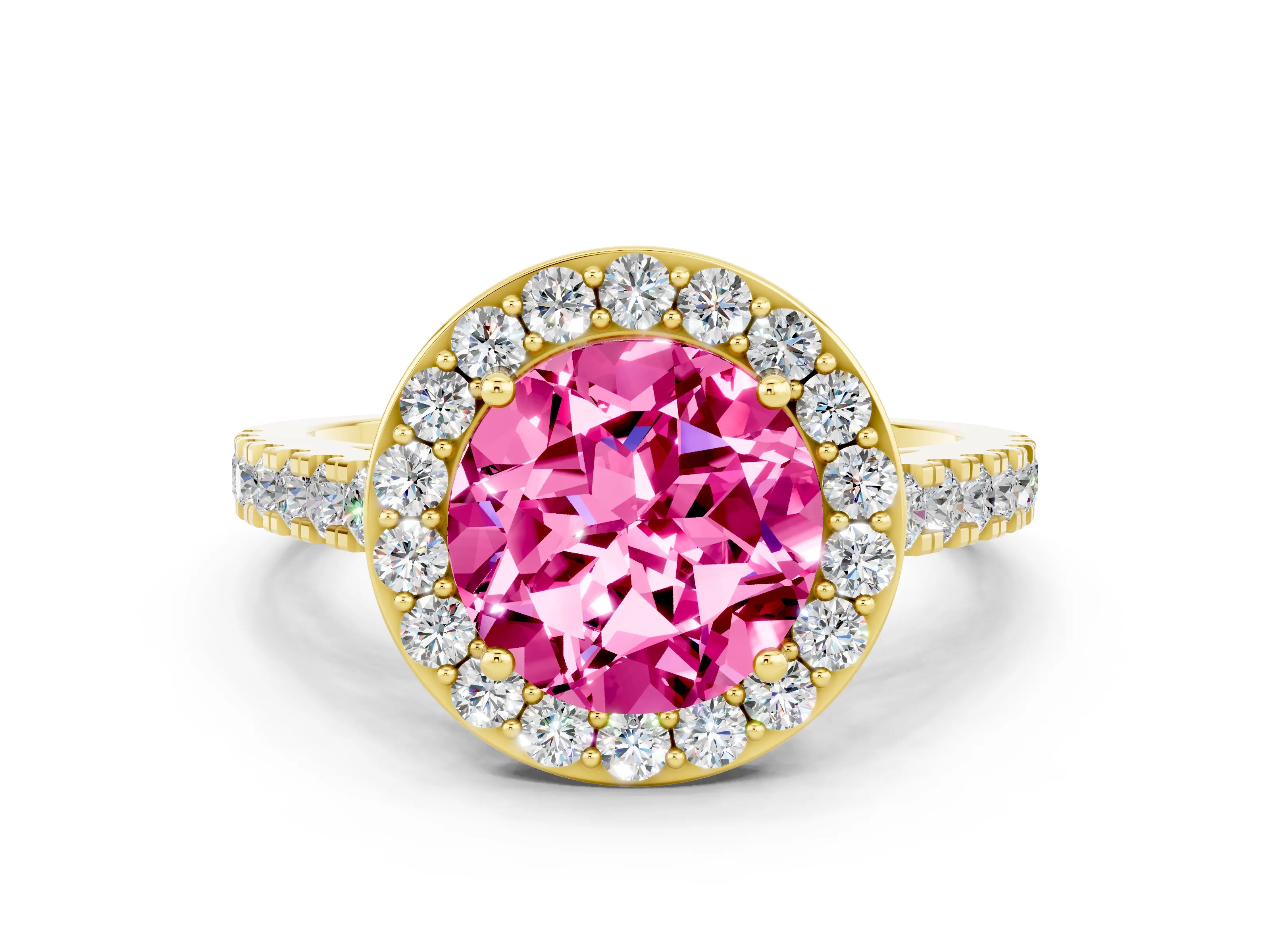 Yellow gold Round Cut Halo Diamond Ring with Pavé Band and Three-Prong Setting