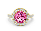 Yellow gold Round Cut Halo Diamond Ring with Pavé Band and Three-Prong Setting