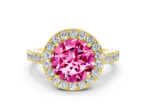 Yellow gold Round Cut Halo Diamond Ring with Pavé Band and Three-Prong Setting