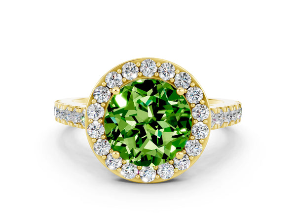 Yellow gold Round Cut Halo Diamond Ring with Pavé Band and Three-Prong Setting