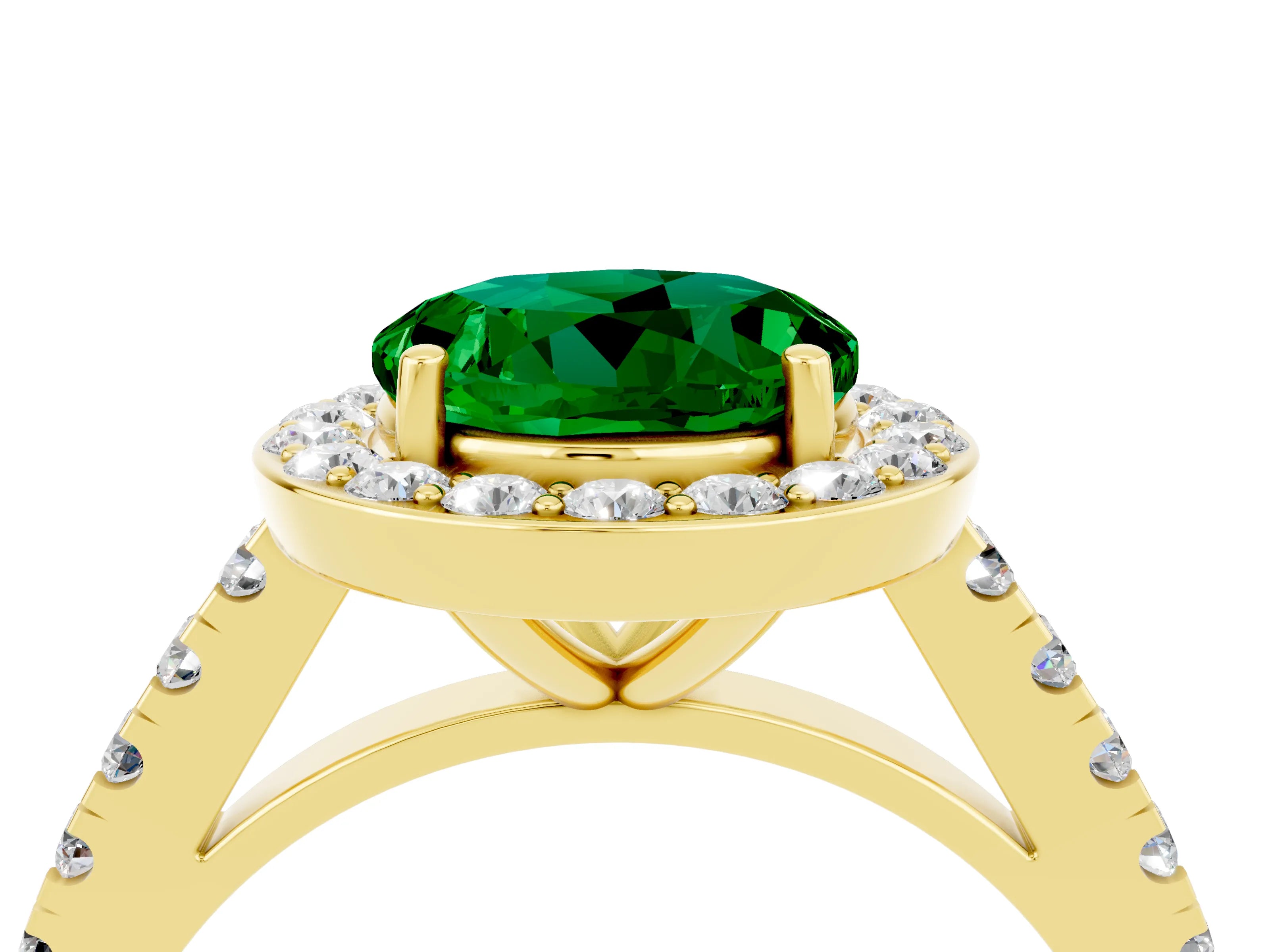 Yellow gold Round Cut Halo Diamond Ring with Pavé Band and Three-Prong Setting_4
