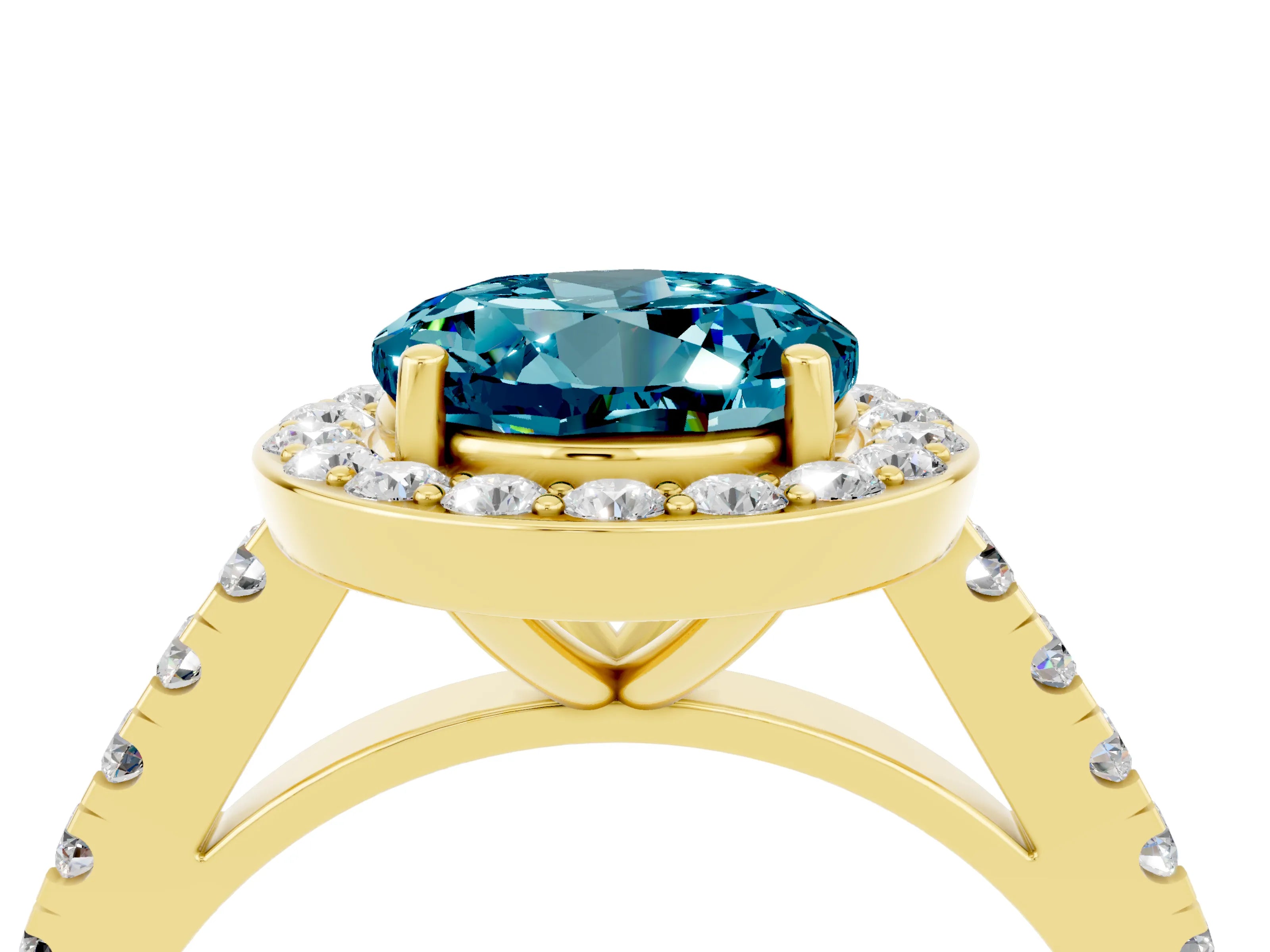 Yellow gold Round Cut Halo Diamond Ring with Pavé Band and Three-Prong Setting_4