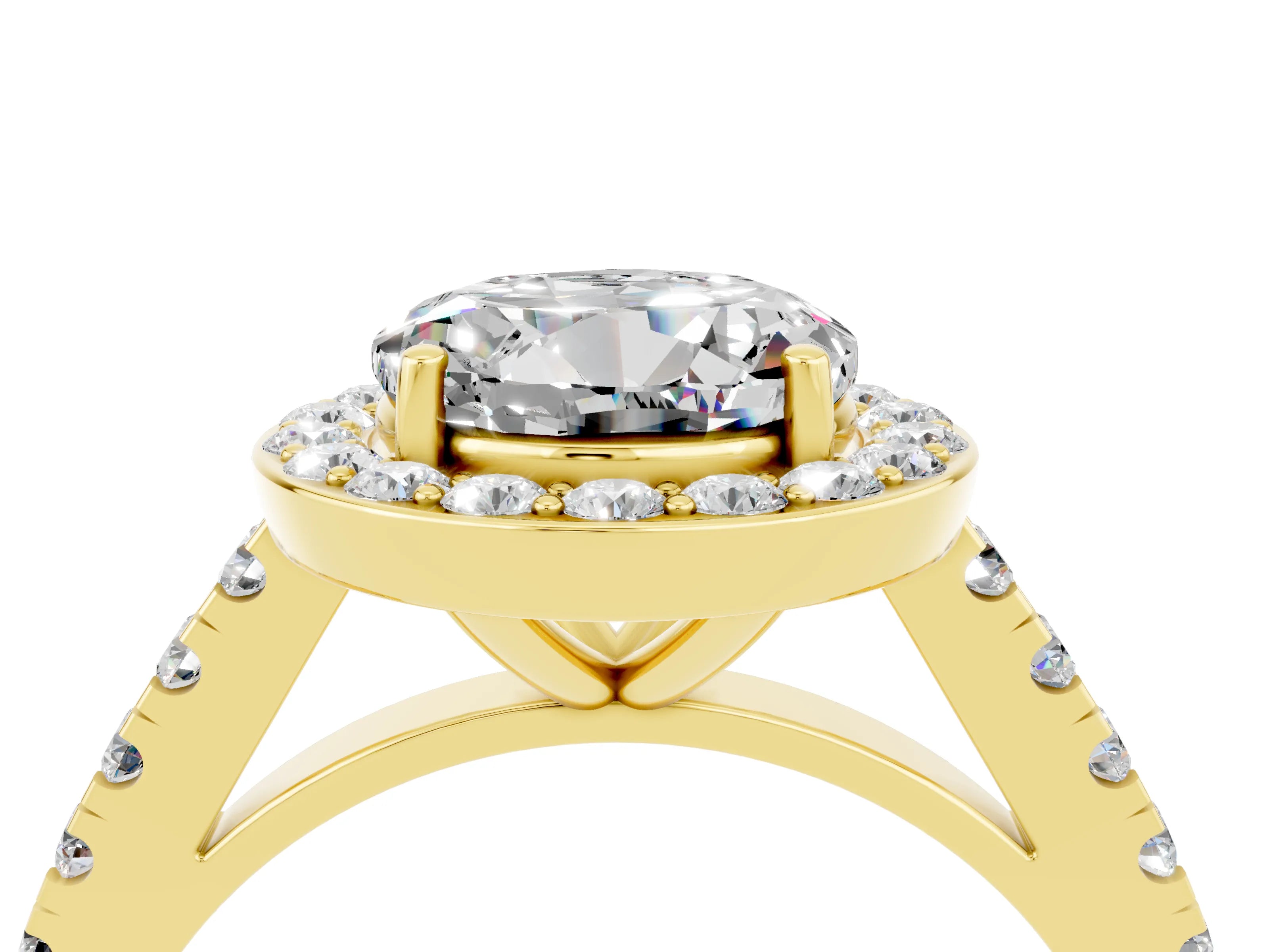 Yellow gold Round Cut Halo Diamond Ring with Pavé Band and Three-Prong Setting_4