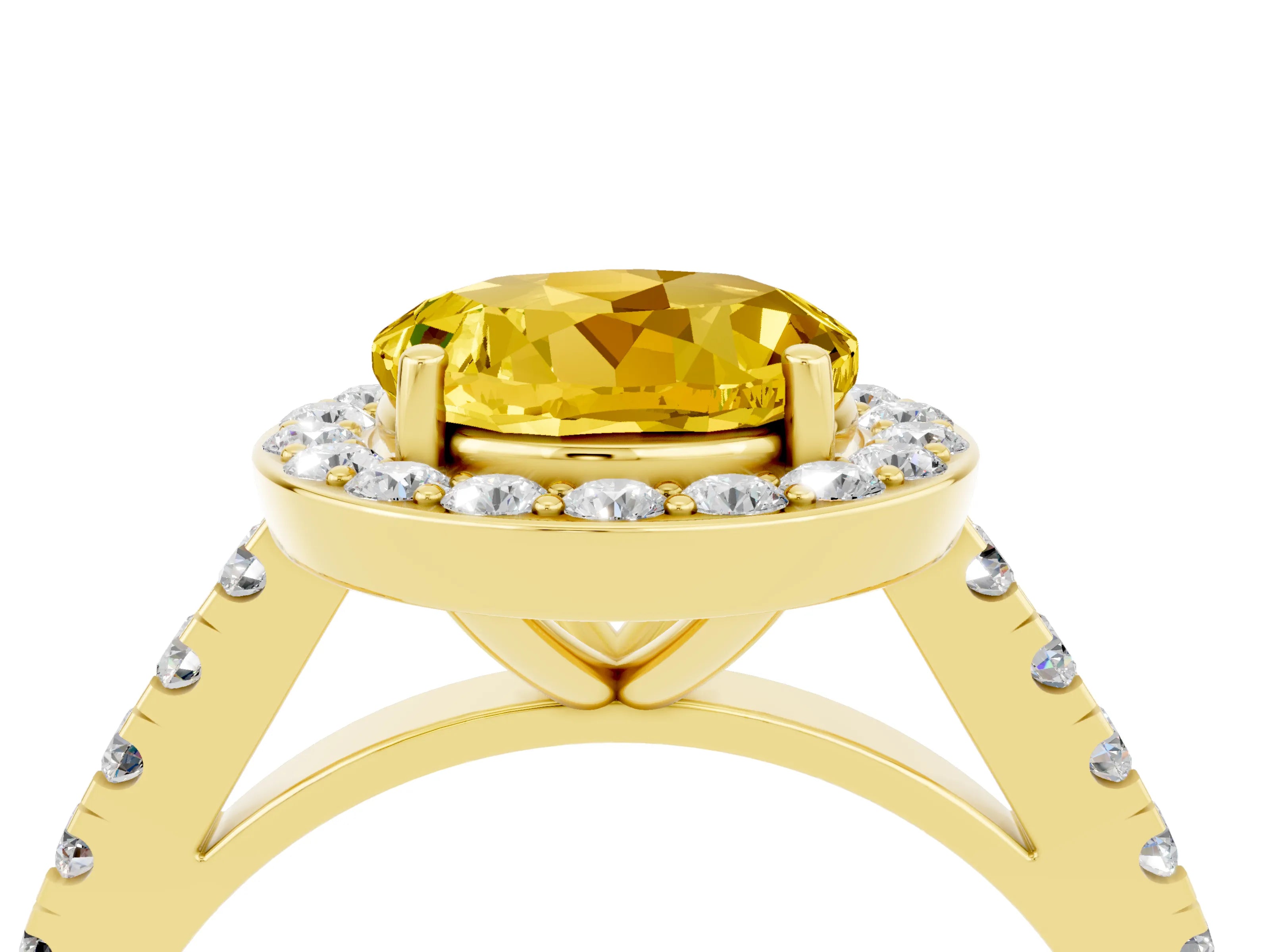 Yellow gold Round Cut Halo Diamond Ring with Pavé Band and Three-Prong Setting_4