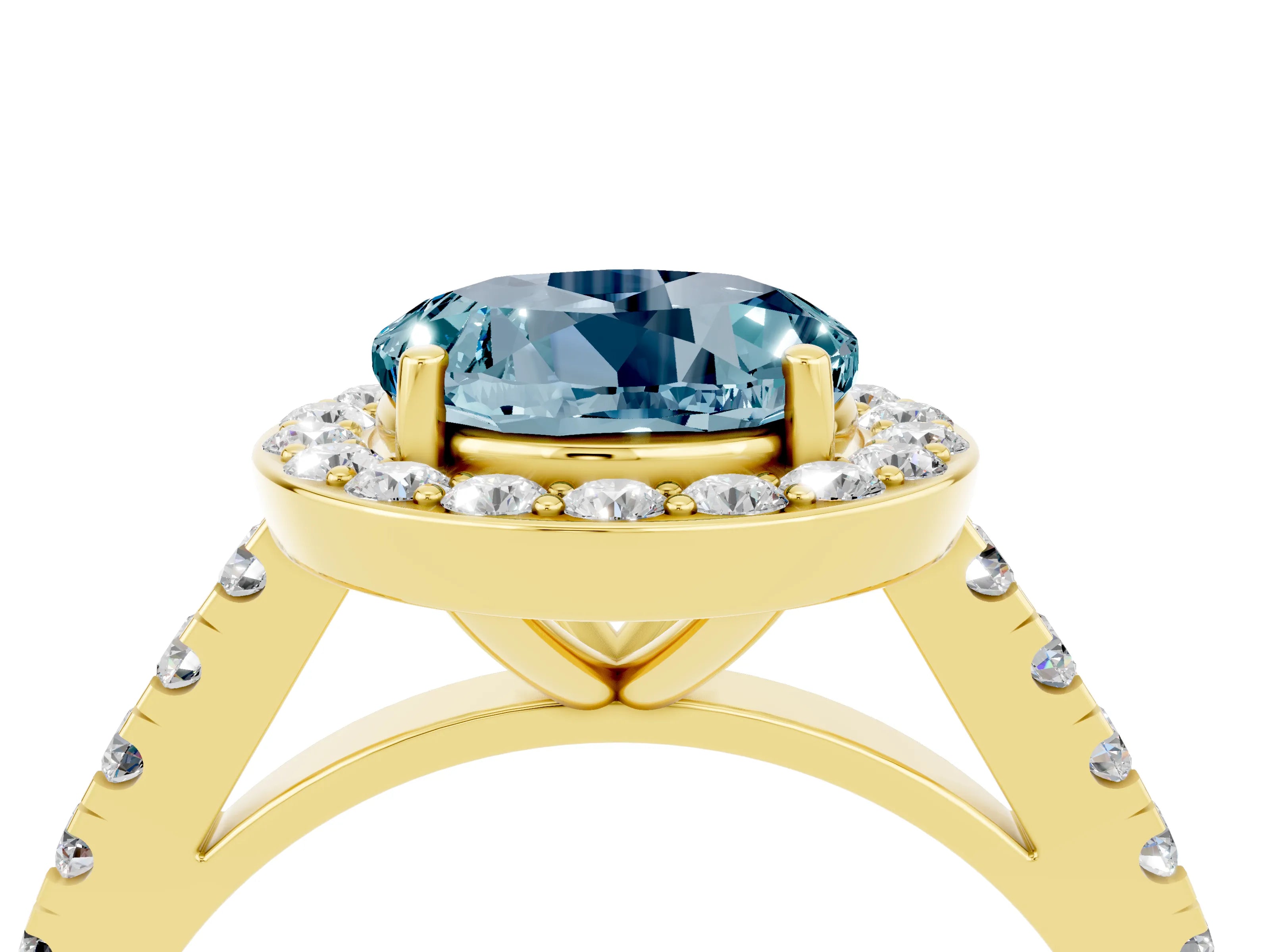 Yellow gold Round Cut Halo Diamond Ring with Pavé Band and Three-Prong Setting_4