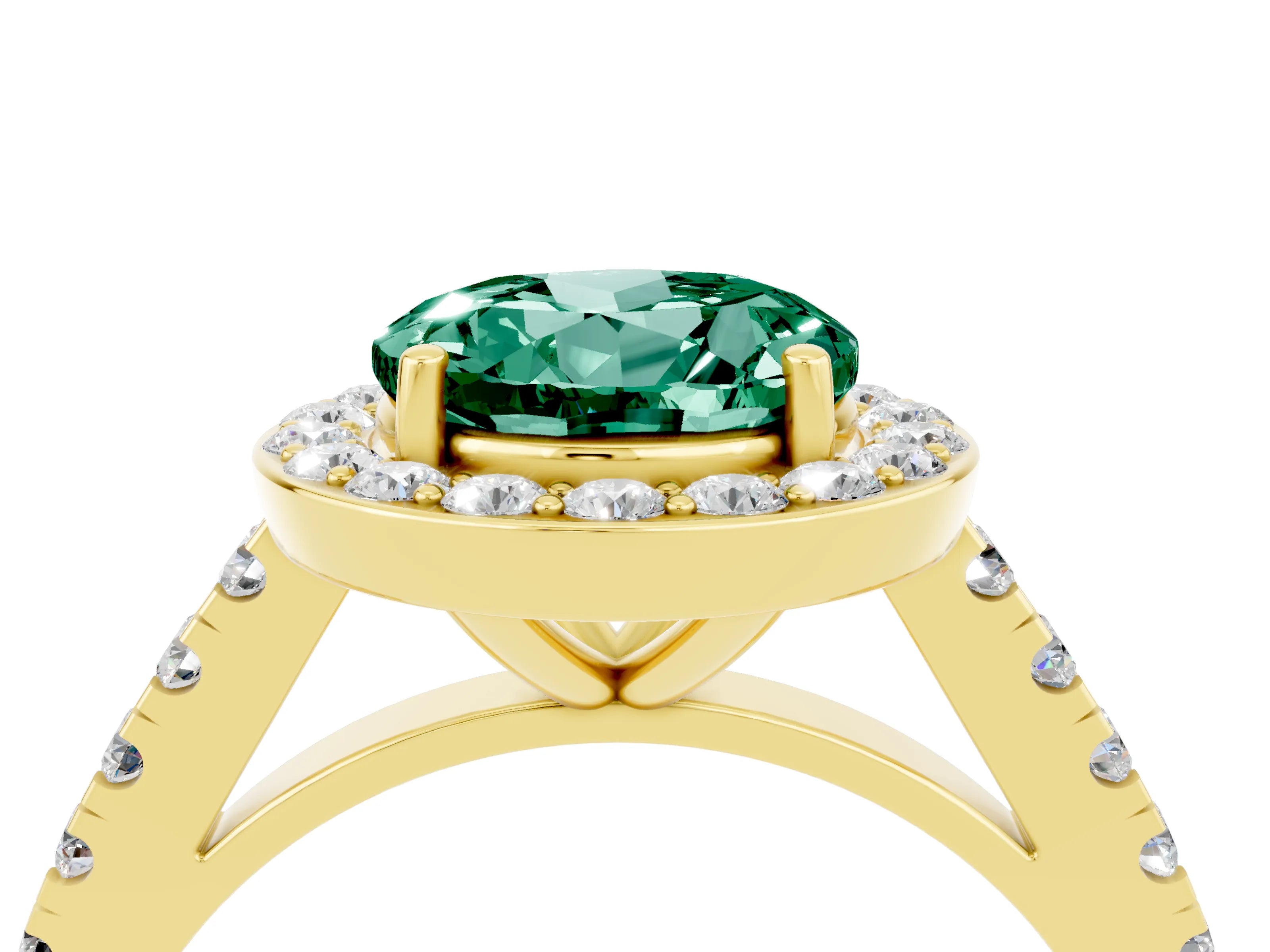 Yellow gold Round Cut Halo Diamond Ring with Pavé Band and Three-Prong Setting_4
