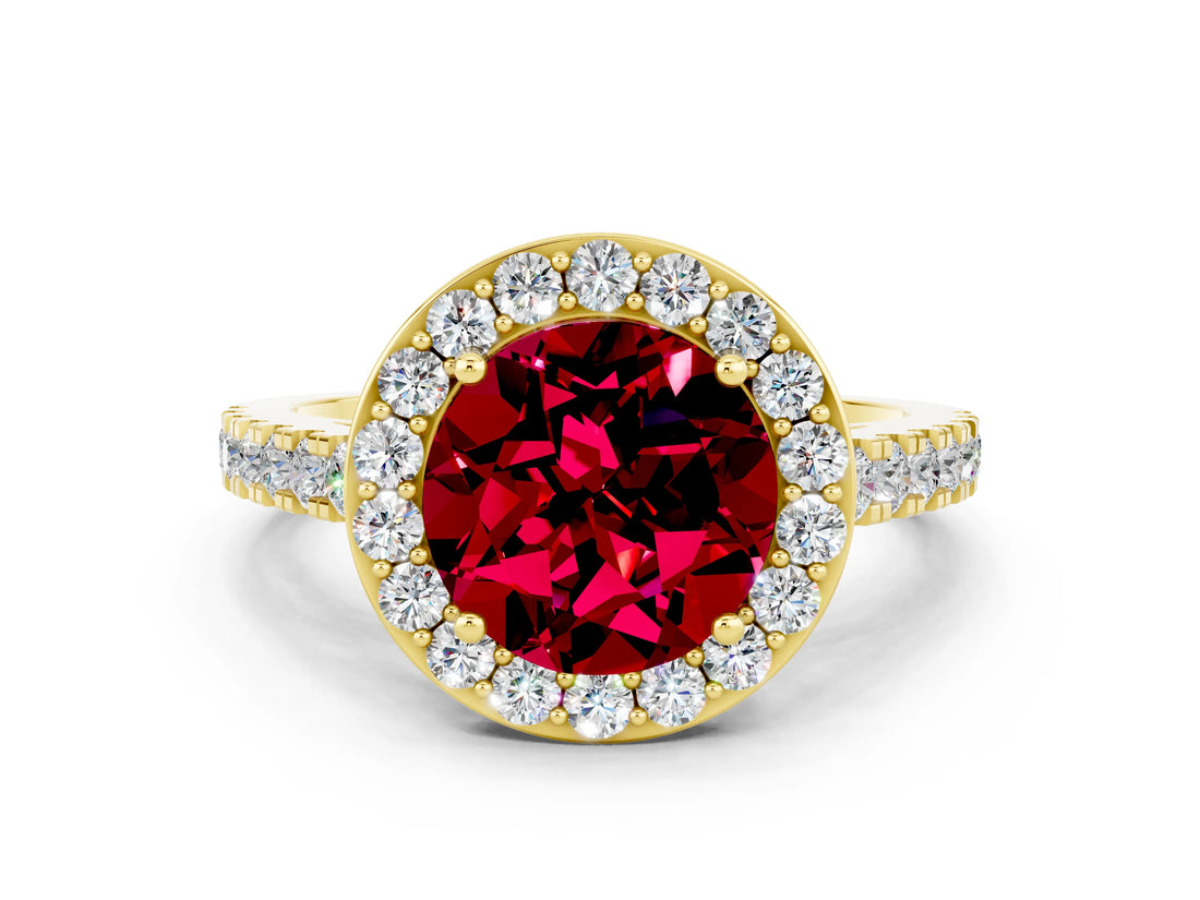 Yellow gold Round Cut Halo Diamond Ring with Pavé Band and Three-Prong Setting
