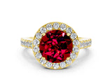 Yellow gold Round Cut Halo Diamond Ring with Pavé Band and Three-Prong Setting