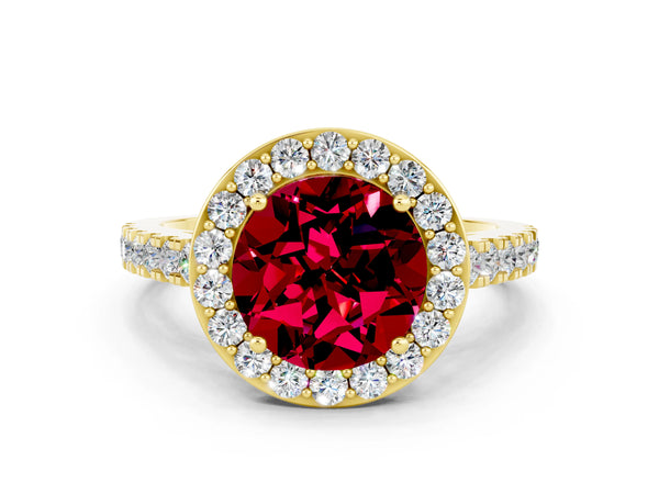 Yellow gold Round Cut Garnet Halo Ring with Round Pavé Split Shank and Prong Setting