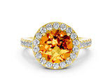 Yellow gold Round Cut Halo Diamond Ring with Pavé Band and Three-Prong Setting