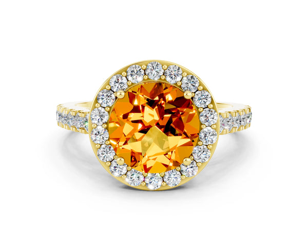 Yellow gold Round Cut Citrine Halo Ring with Round Pavé Split Shank and Prong Setting