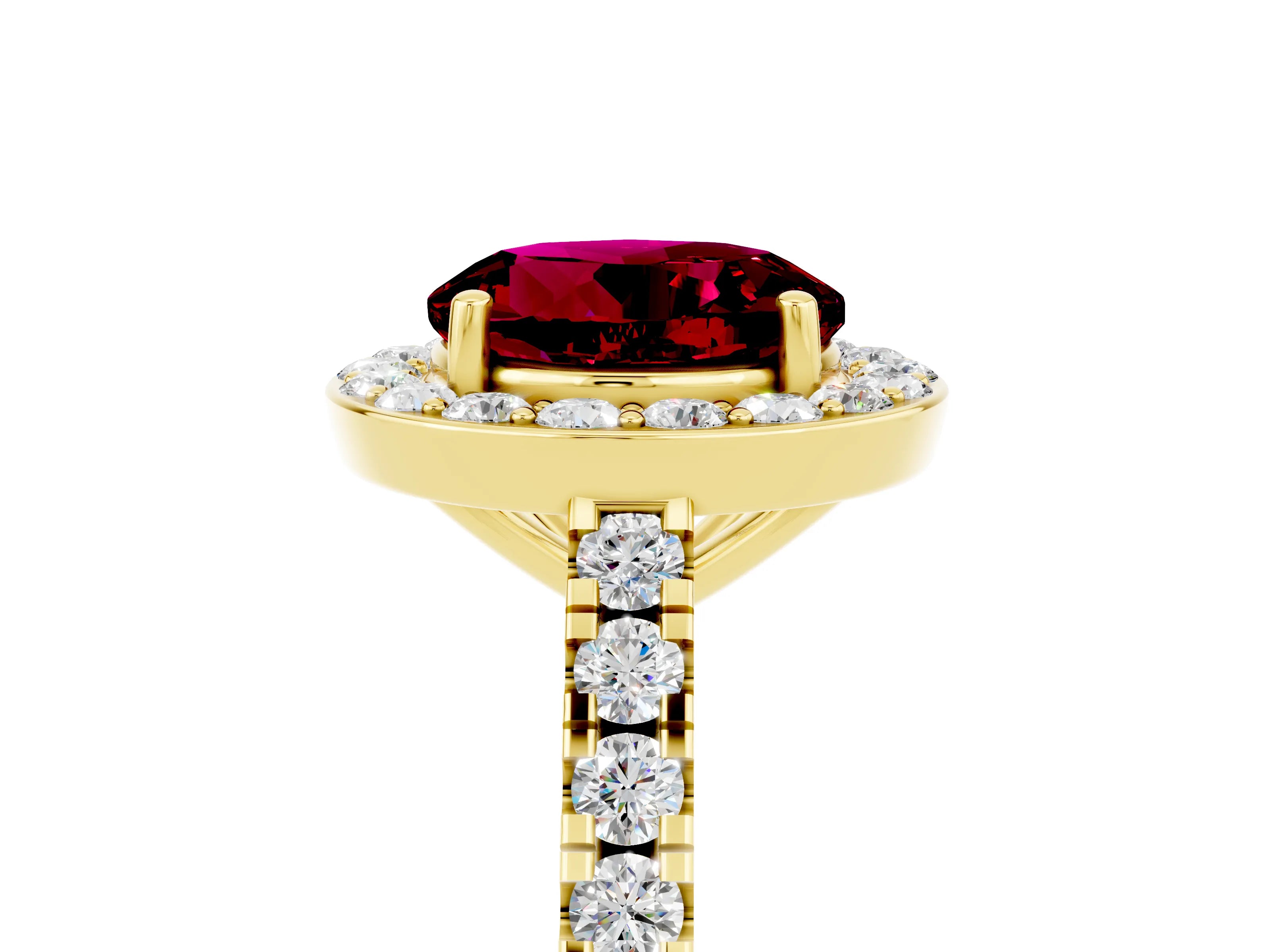 Yellow gold Round Cut Halo Diamond Ring with Pavé Band and Three-Prong Setting_5