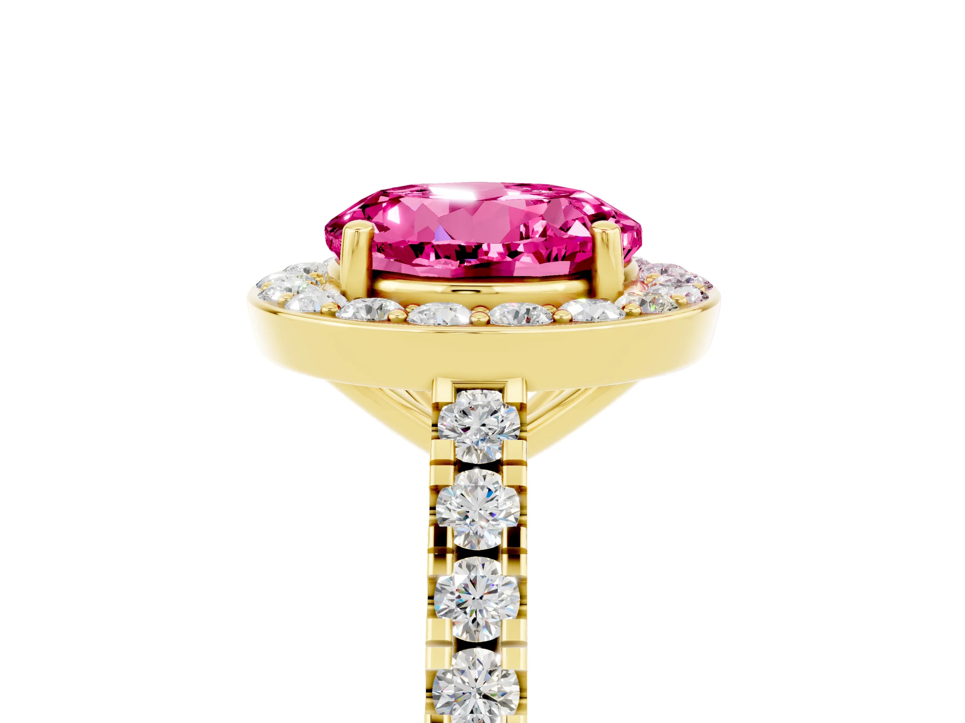 Yellow gold Round Cut Halo Diamond Ring with Pavé Band and Three-Prong Setting_5