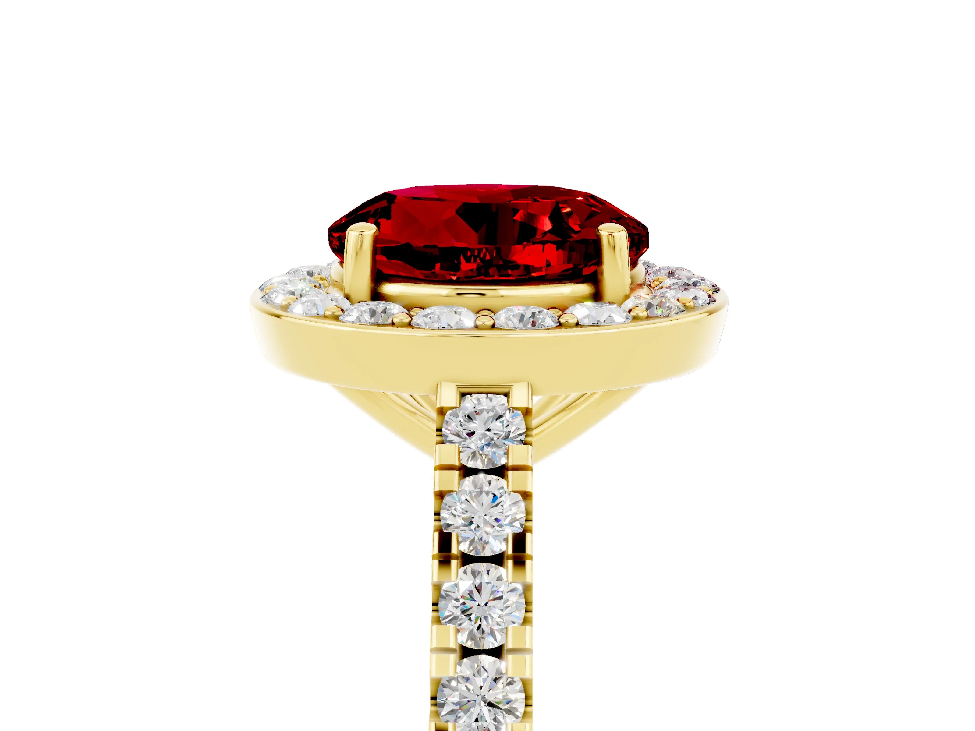 Yellow gold Round Cut Halo Diamond Ring with Pavé Band and Three-Prong Setting_5