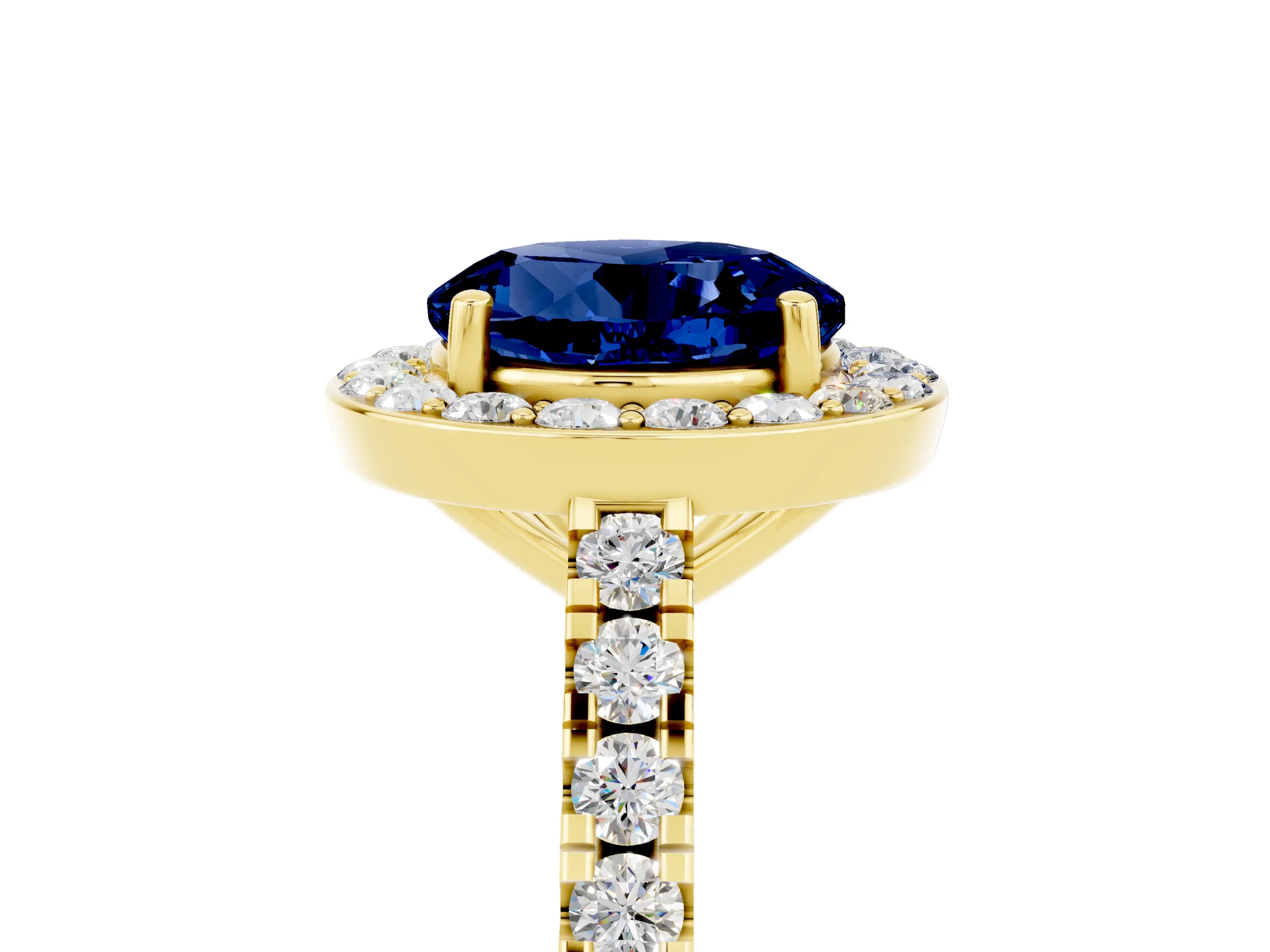 Yellow gold Round Cut Halo Diamond Ring with Pavé Band and Three-Prong Setting_5