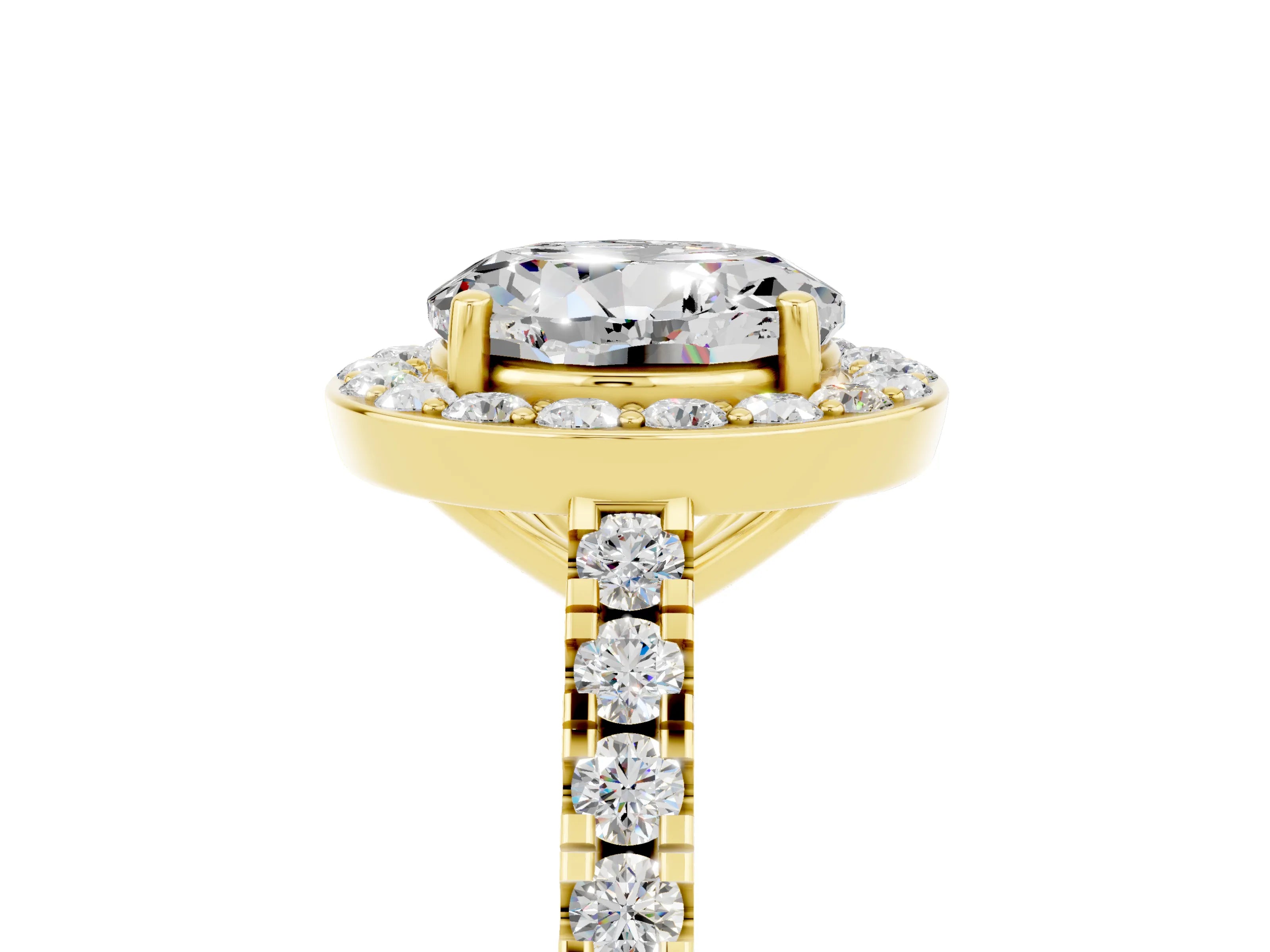 Yellow gold Round Cut Halo Diamond Ring with Pavé Band and Three-Prong Setting_5