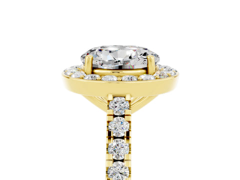 Yellow gold Round Cut Halo Diamond Ring with Pavé Band and Three-Prong Setting_5