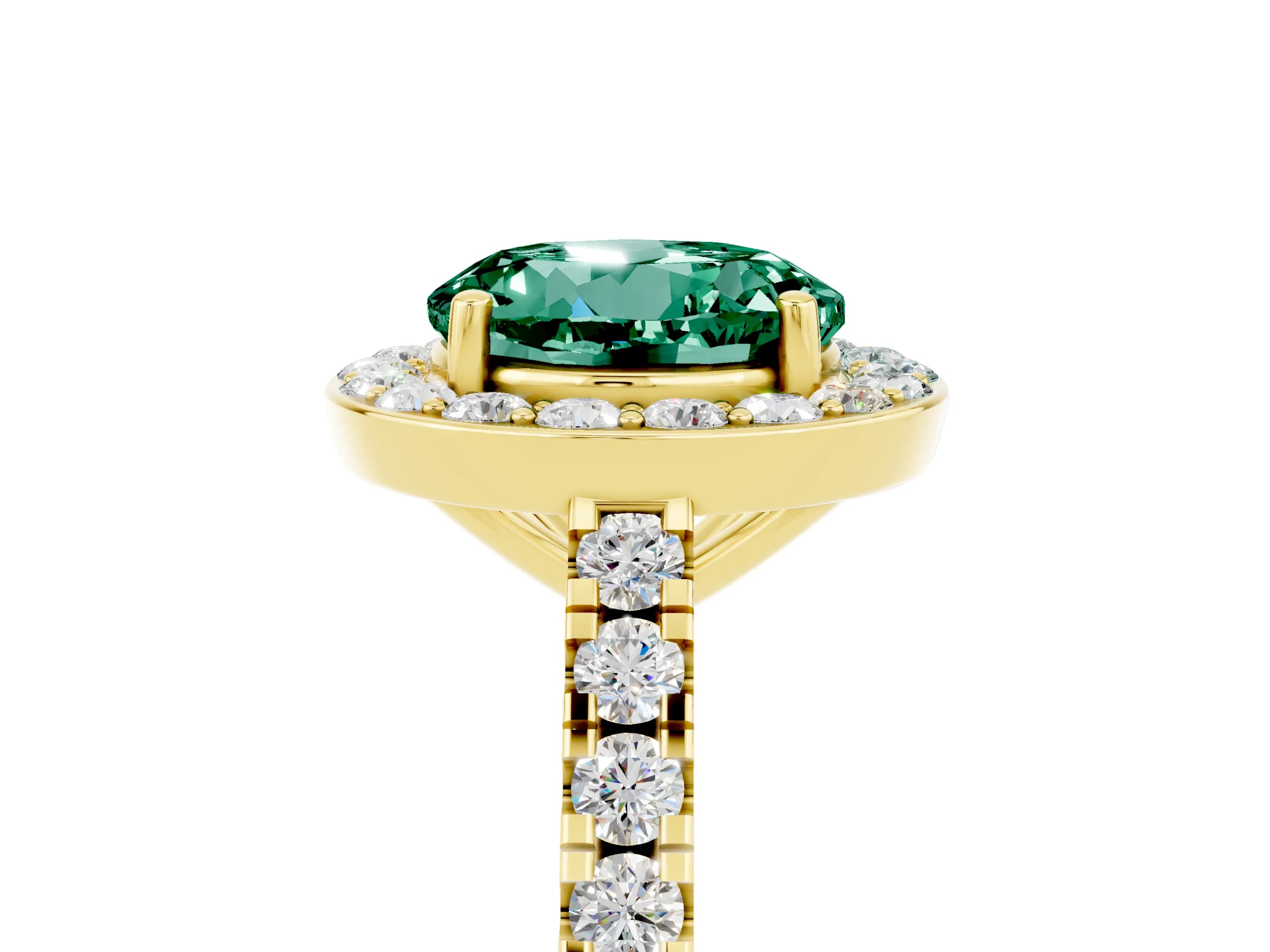Yellow gold Round Cut Halo Diamond Ring with Pavé Band and Three-Prong Setting_5