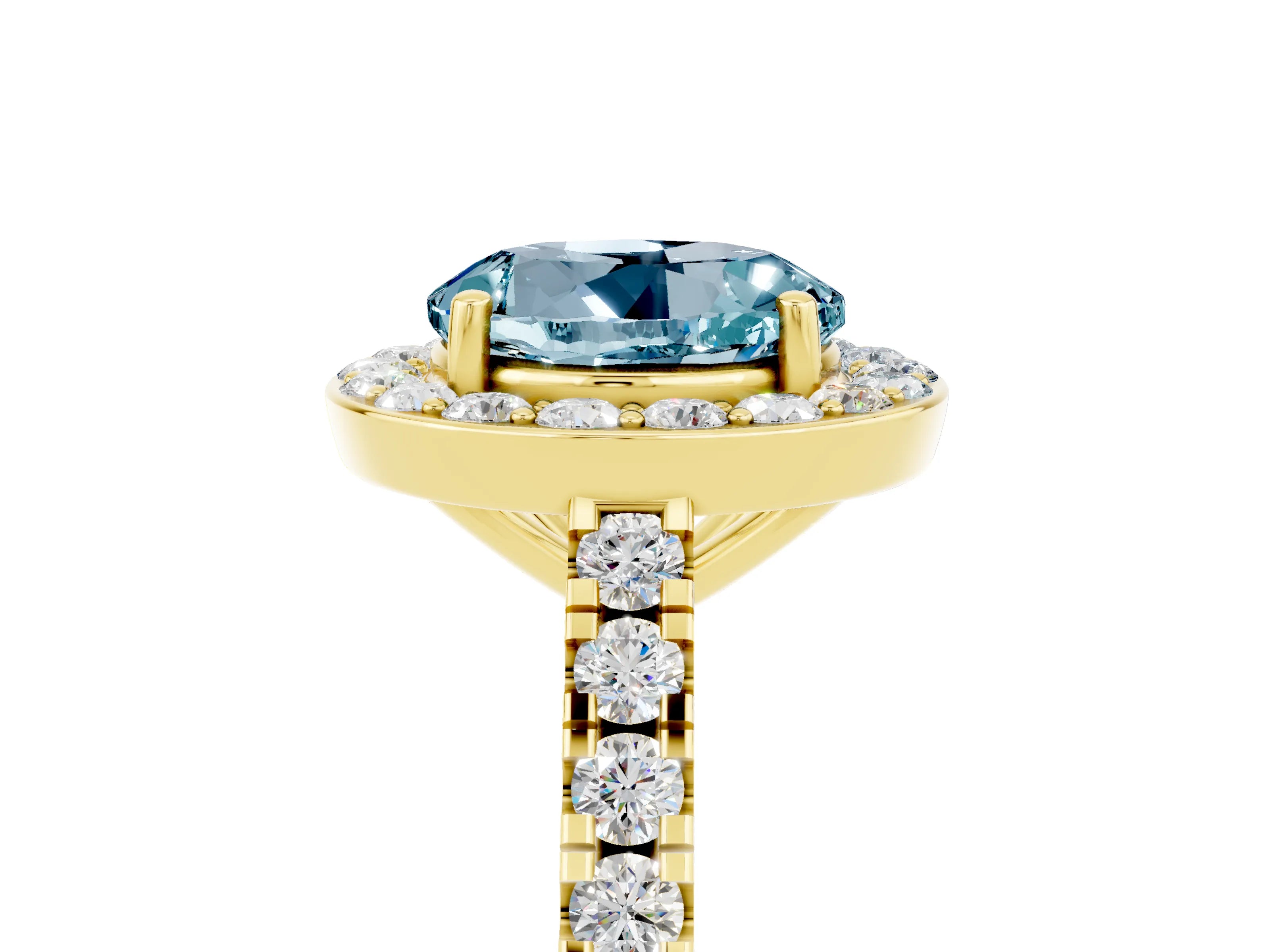 Yellow gold Round Cut Halo Diamond Ring with Pavé Band and Three-Prong Setting_5