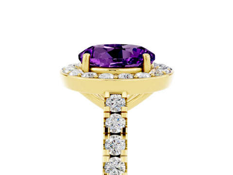 Yellow gold Round Cut Halo Diamond Ring with Pavé Band and Three-Prong Setting_5
