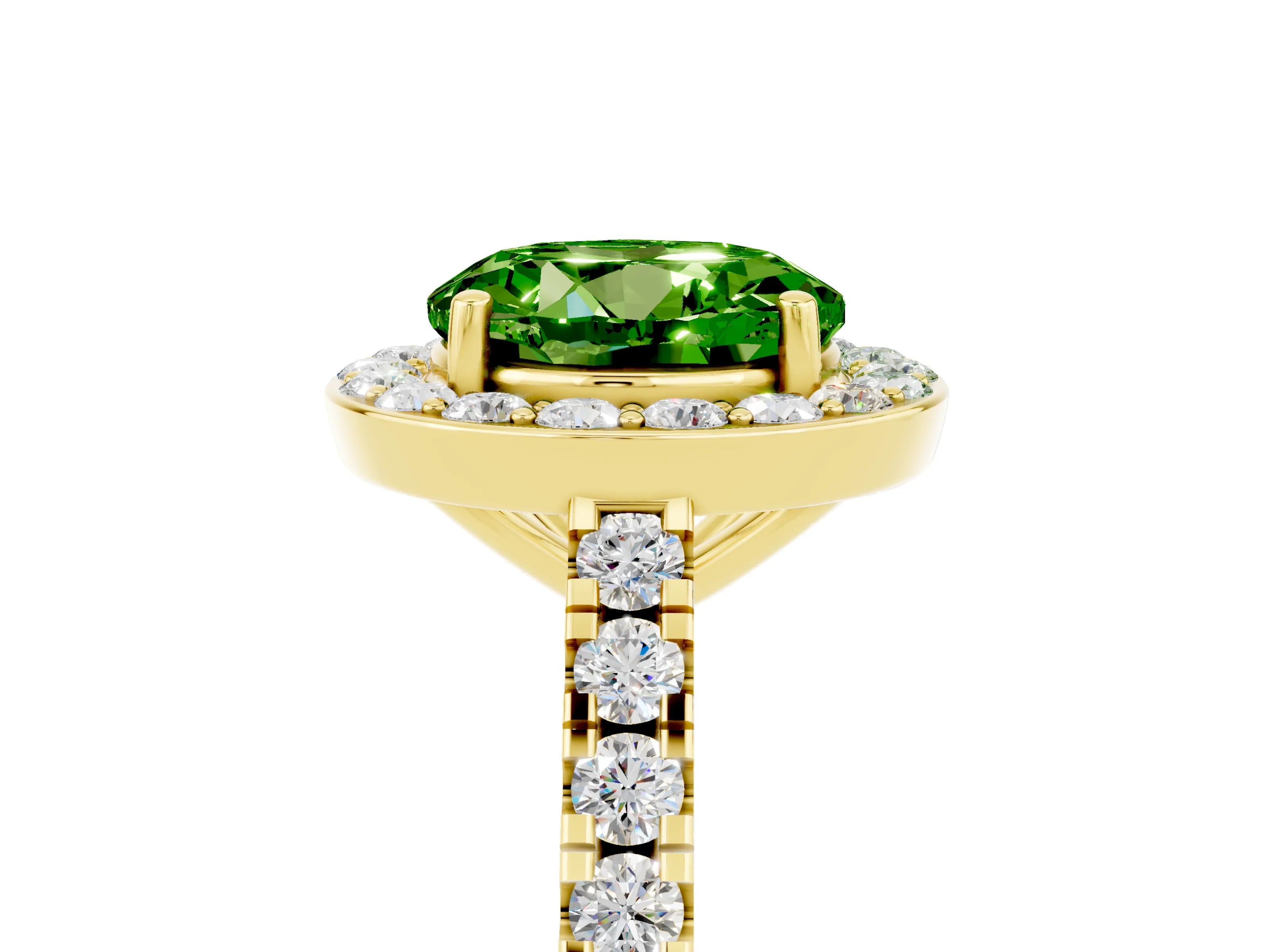 Yellow gold Round Cut Halo Diamond Ring with Pavé Band and Three-Prong Setting_5