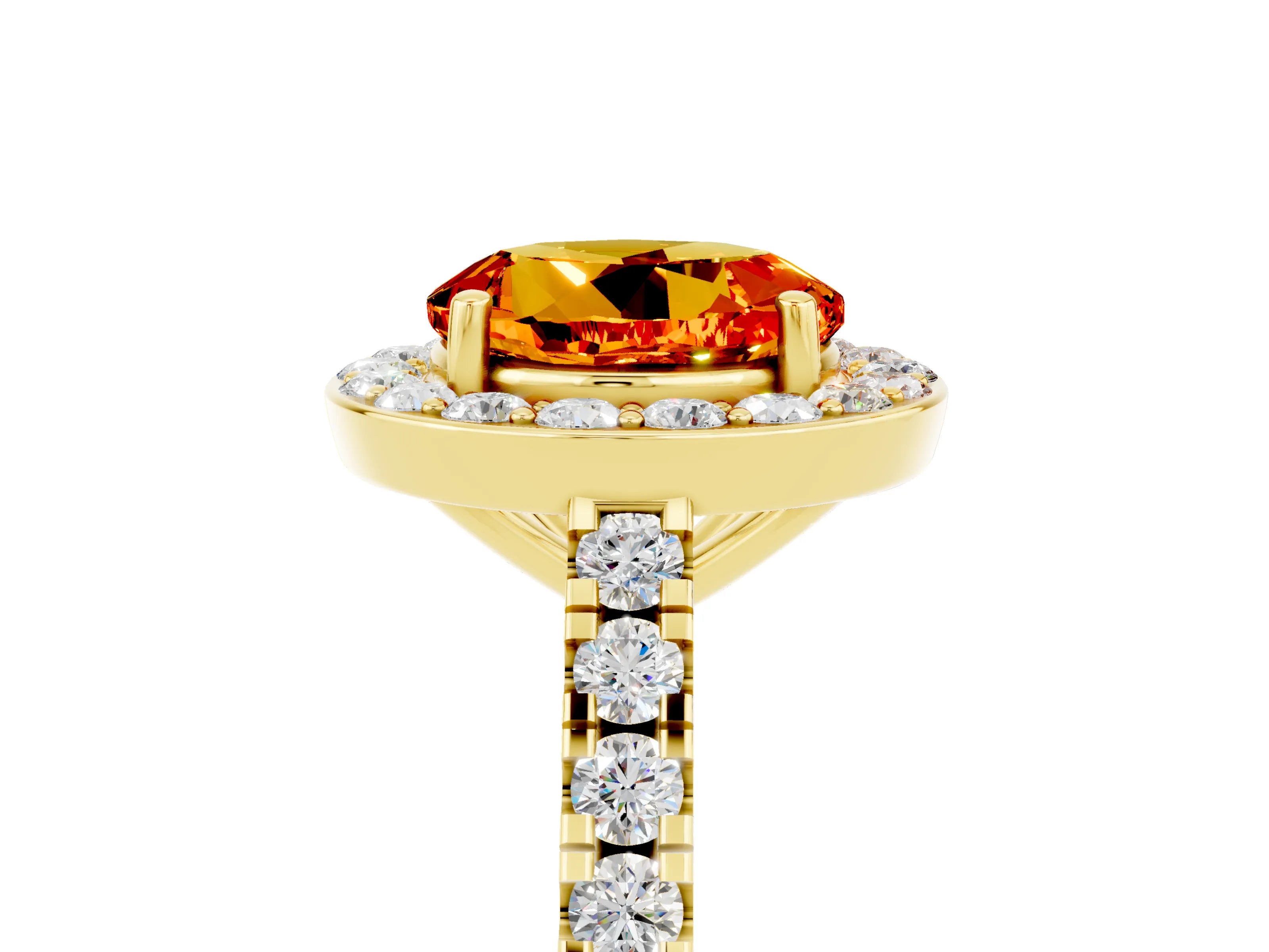 Yellow gold Round Cut Halo Diamond Ring with Pavé Band and Three-Prong Setting_5