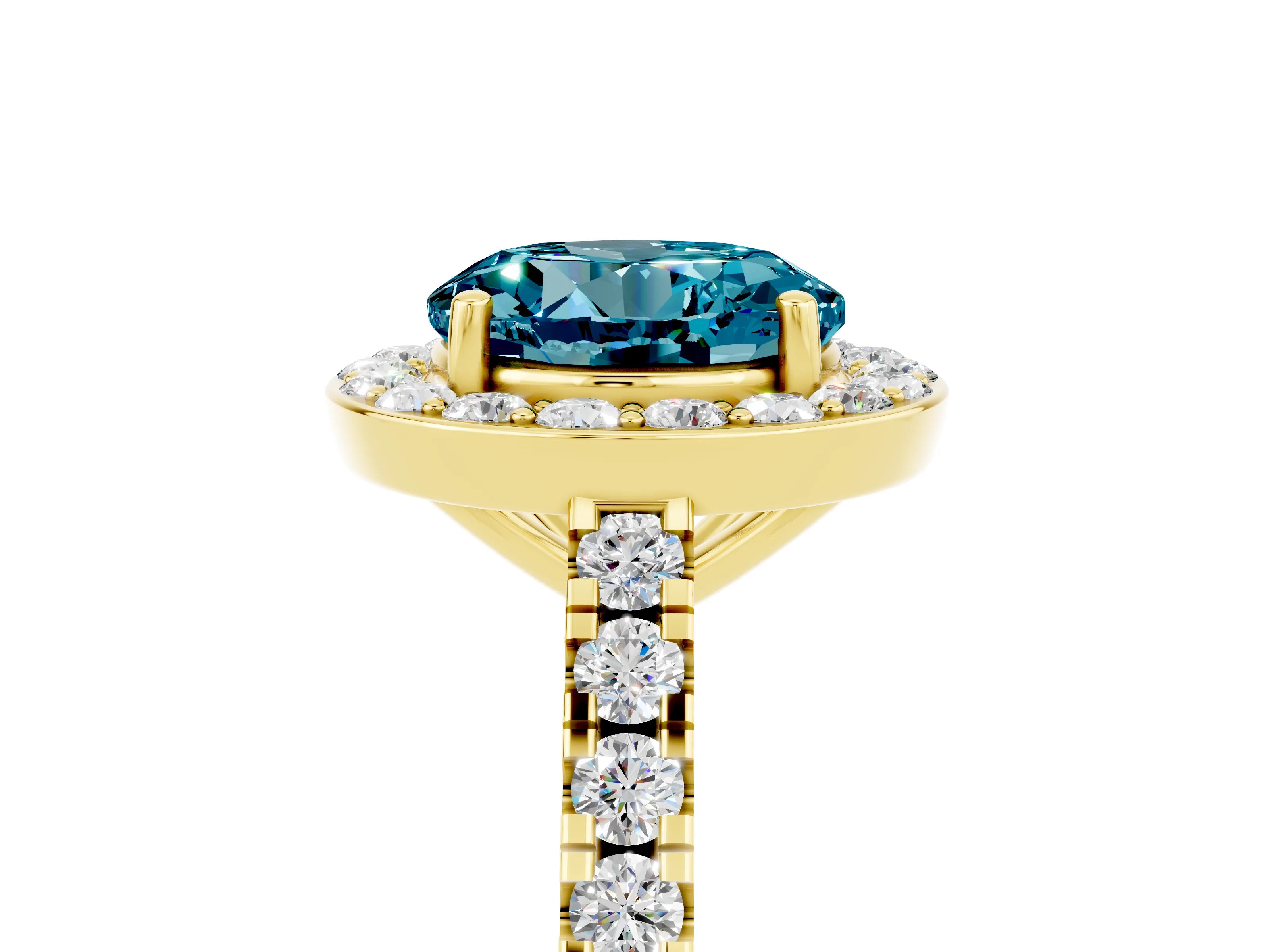 Yellow gold Round Cut Halo Diamond Ring with Pavé Band and Three-Prong Setting_5