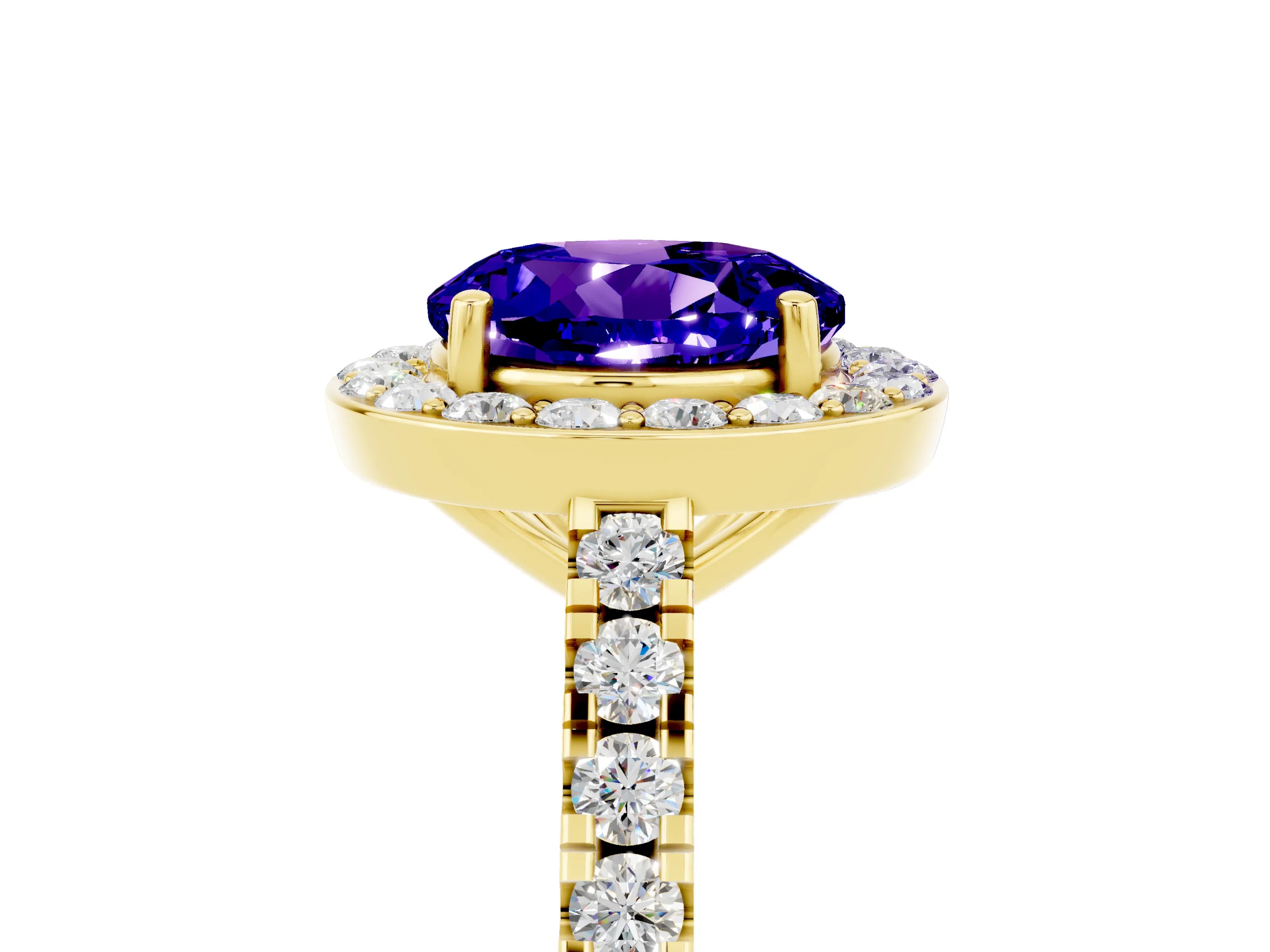 Yellow gold Round Cut Halo Diamond Ring with Pavé Band and Three-Prong Setting_5