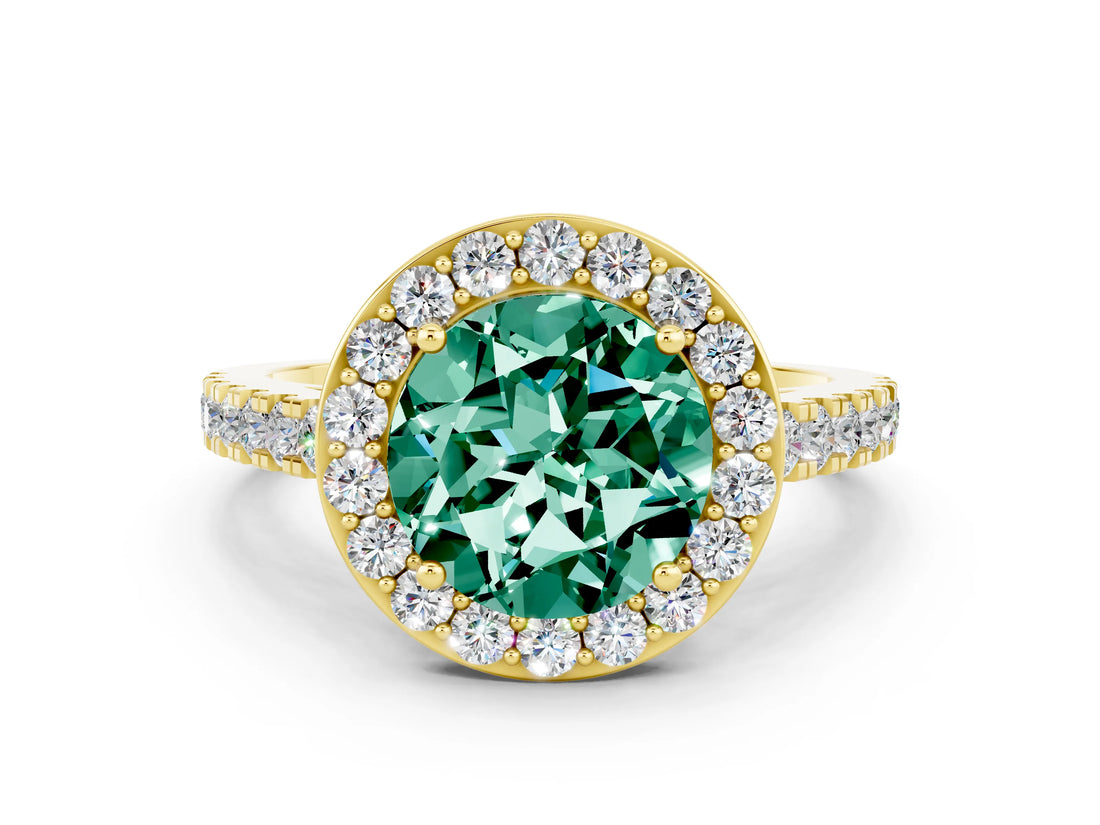 Yellow gold Round Cut Halo Diamond Ring with Pavé Band and Three-Prong Setting