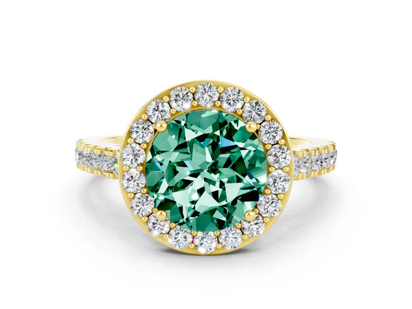 Yellow gold Round Cut Green Sapphire Halo Ring with Round Pavé Split Shank and Prong Setting