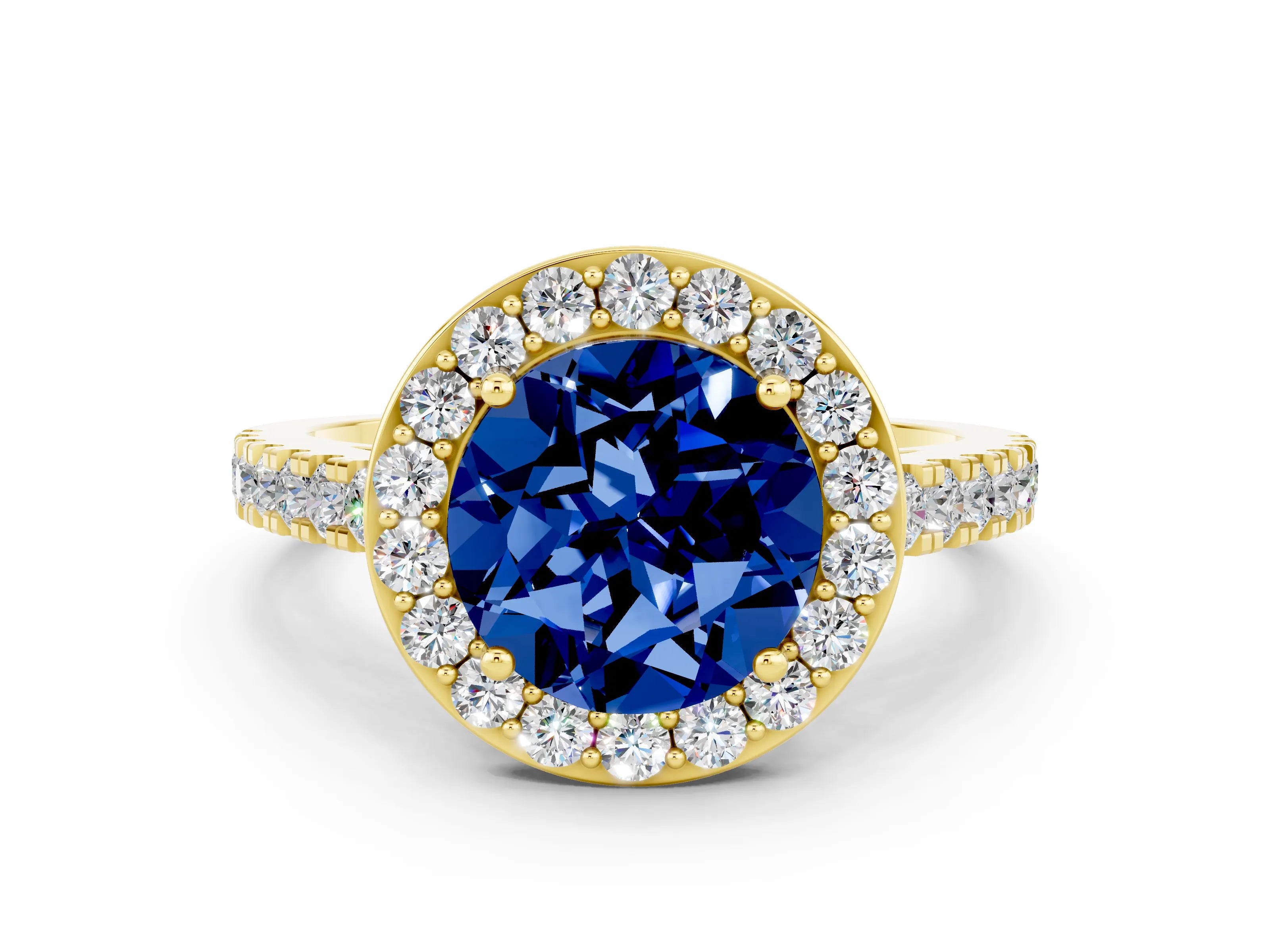Yellow gold Round Cut Halo Diamond Ring with Pavé Band and Three-Prong Setting
