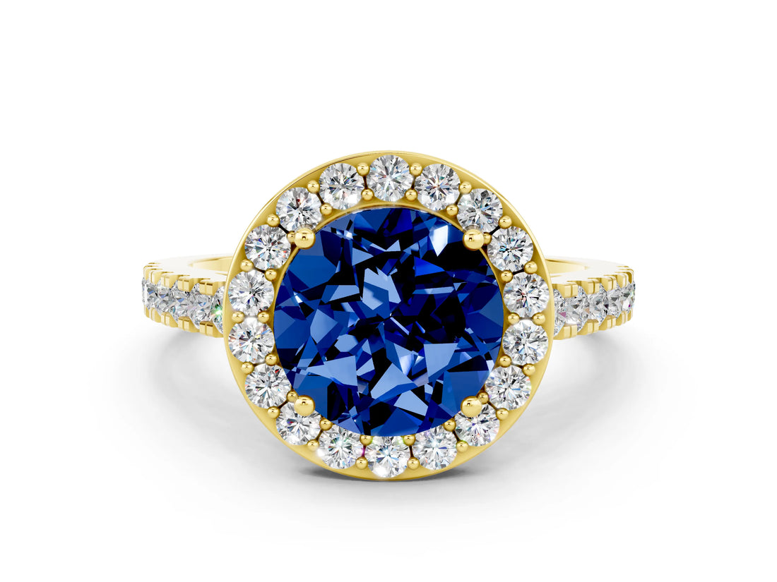 Yellow gold Round Cut Halo Diamond Ring with Pavé Band and Three-Prong Setting