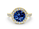 Yellow gold Round Cut Halo Diamond Ring with Pavé Band and Three-Prong Setting