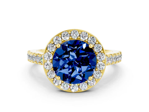 Yellow gold Round Cut Halo Diamond Ring with Pavé Band and Three-Prong Setting
