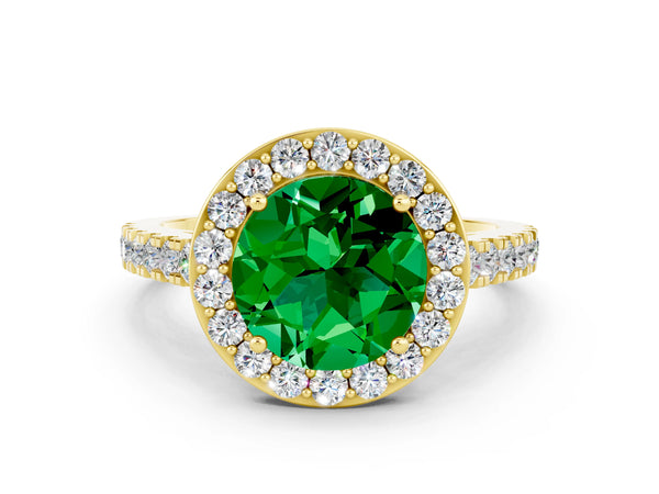 Yellow gold Round Cut Emerald Halo Ring with Round Pavé Split Shank and Prong Setting
