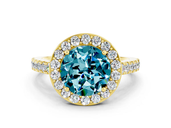 Yellow gold Round Cut Halo Diamond Ring with Pavé Band and Three-Prong Setting
