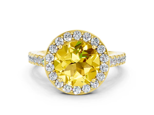 Yellow gold Round Cut Yellow Sapphire Halo Ring with Round Pavé Split Shank and Prong Setting