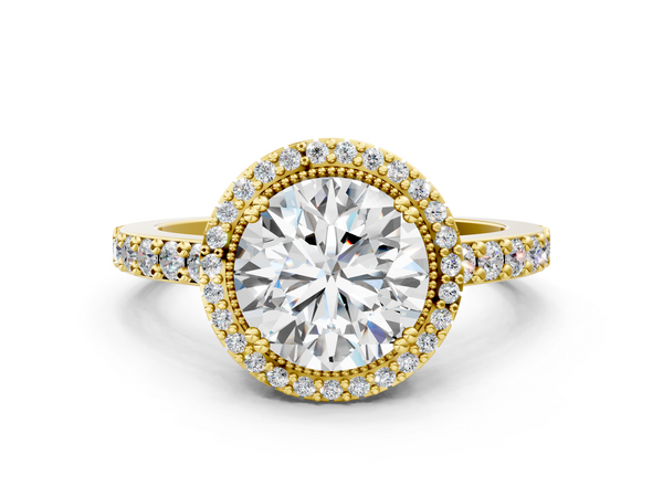 Yellow gold Round Cut Diamond Halo Engagement Ring with Milgrain Detail and Pavé Band