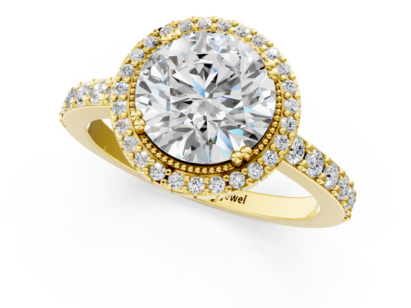 Yellow gold Round Cut Diamond Halo Engagement Ring with Milgrain Detail and Pavé Band