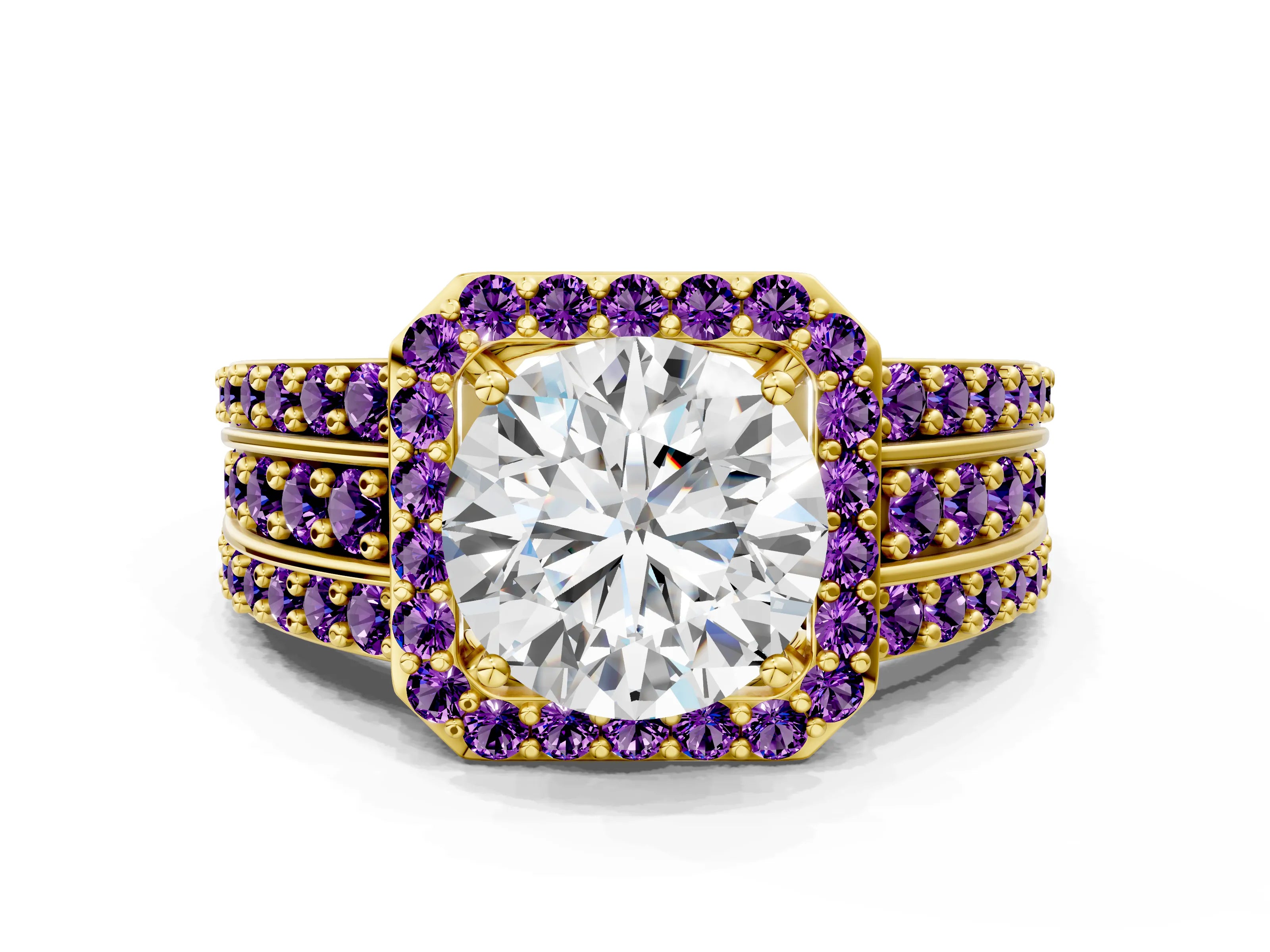 Yellow gold Round Cut Halo Diamond Ring with Round with Amethyst side stone Split Shank and Prong Setting