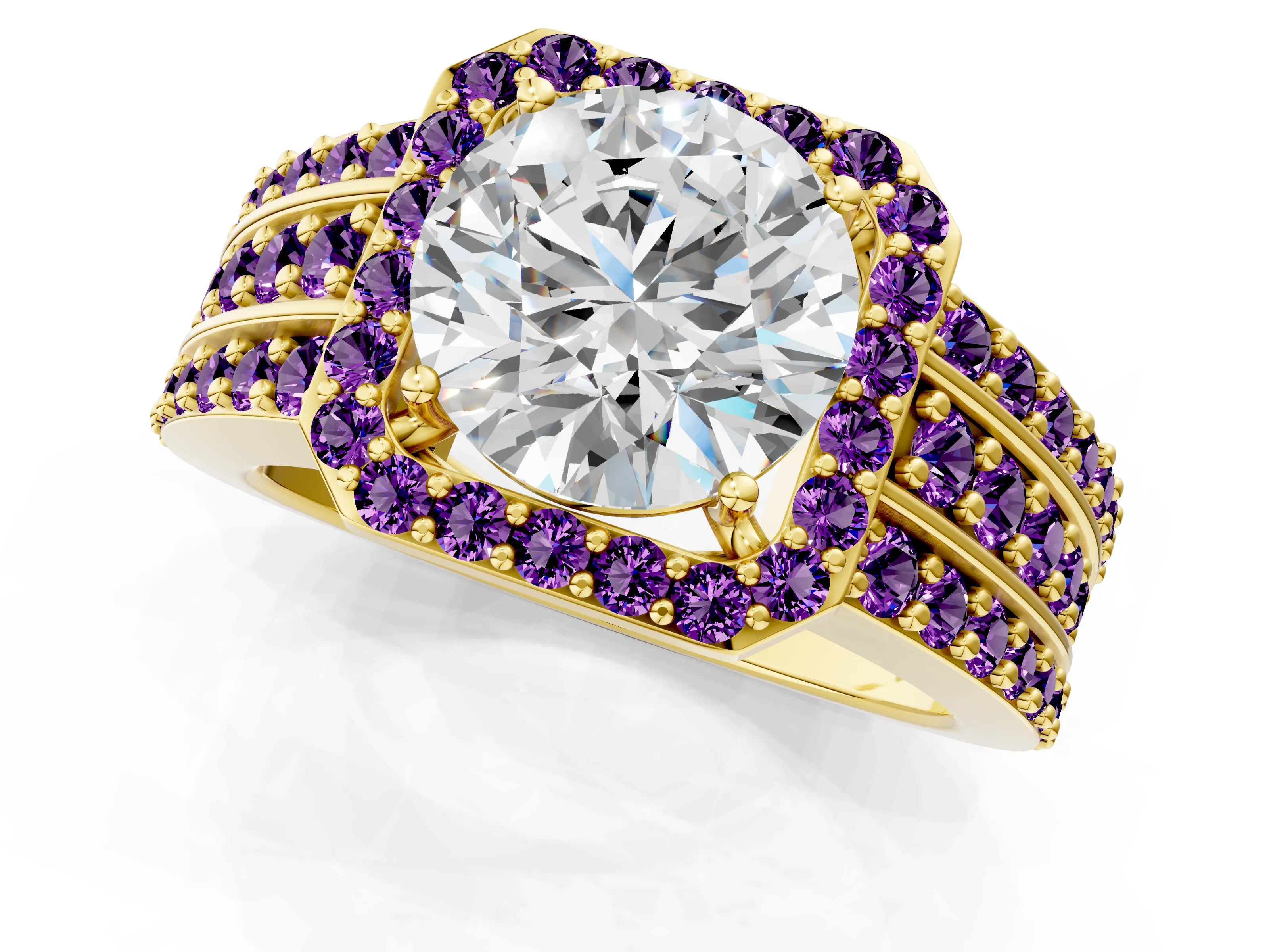 Yellow gold Round Cut Halo Diamond Ring with Round with Amethyst side stone Split Shank and Prong Setting_1