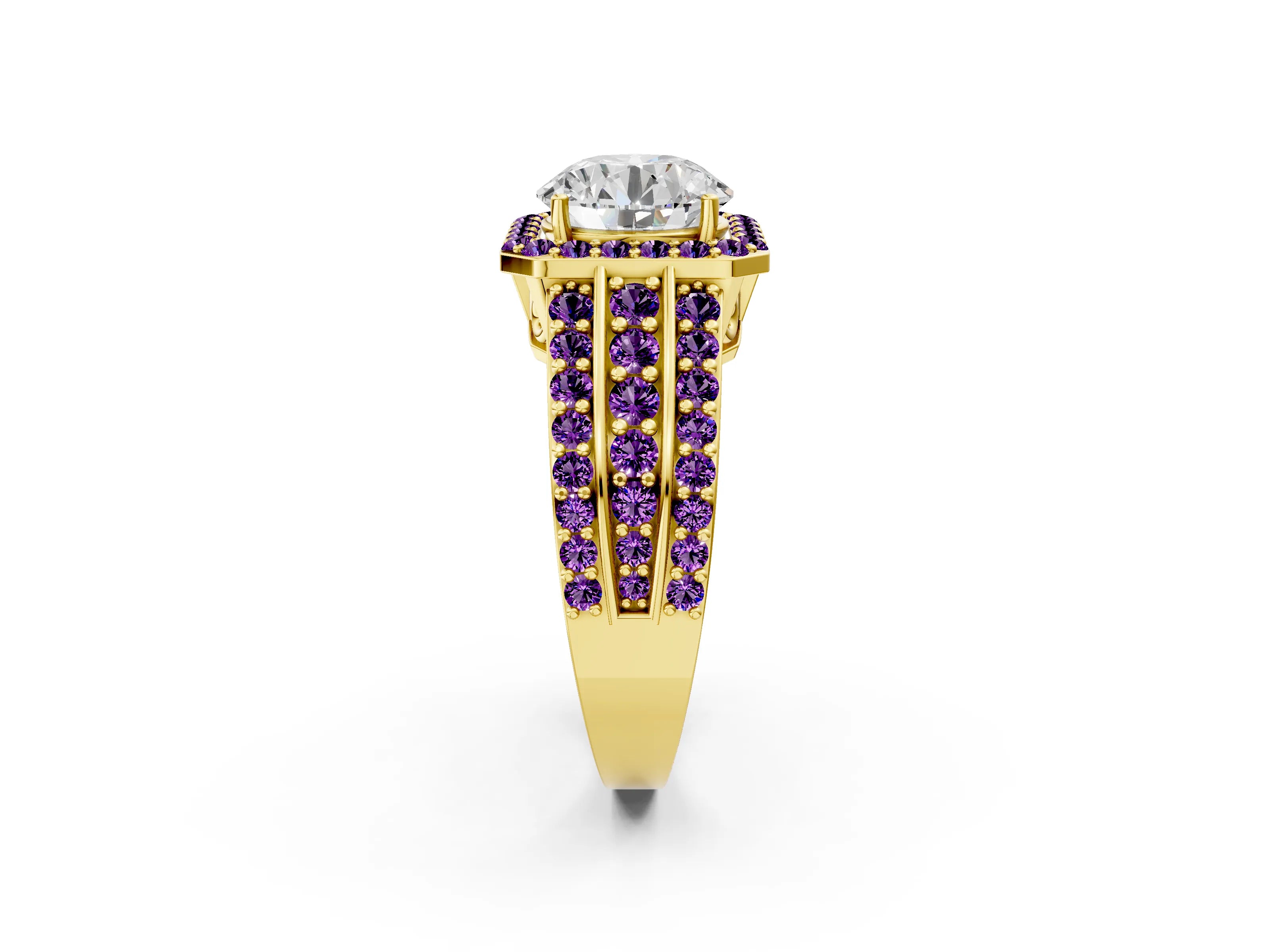 Yellow gold Round Cut Halo Diamond Ring with Round with Amethyst side stone Split Shank and Prong Setting_2