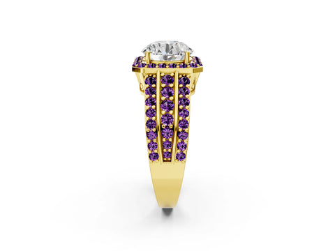 Yellow gold Round Cut Halo Diamond Ring with Round with Amethyst side stone Split Shank and Prong Setting_2