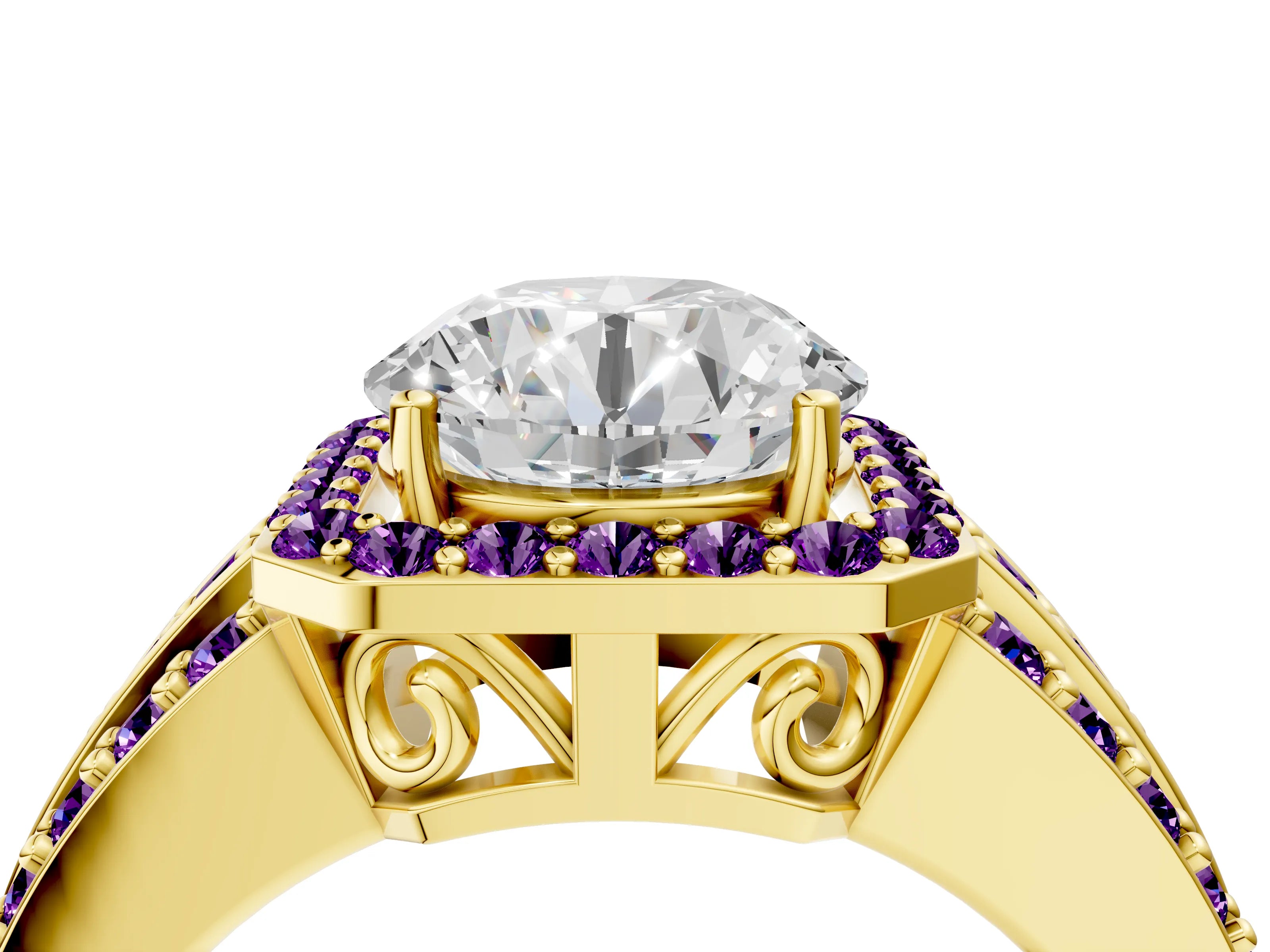 Yellow gold Round Cut Halo Diamond Ring with Round with Amethyst side stone Split Shank and Prong Setting_4