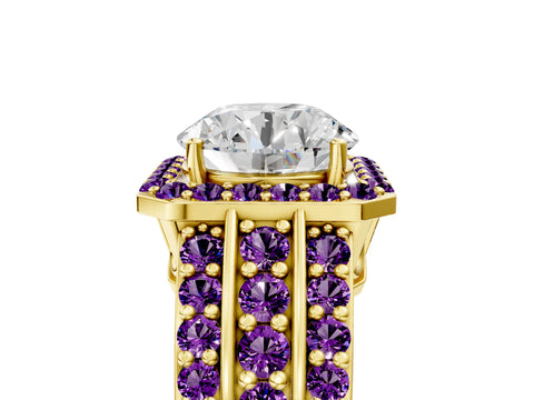 Yellow gold Round Cut Halo Diamond Ring with Round with Amethyst side stone Split Shank and Prong Setting_5