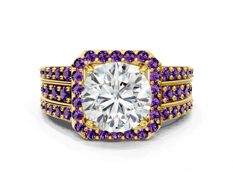 Yellow gold Round Cut Halo Diamond Ring with Round with Amethyst side stone Split Shank and Prong Setting