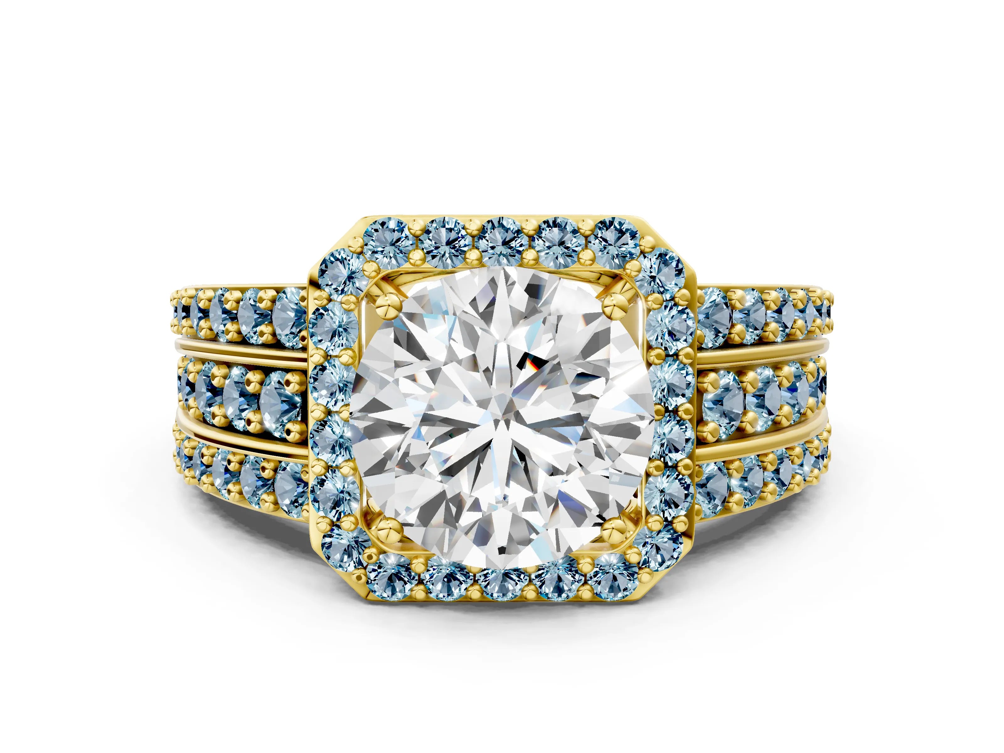 Yellow gold Round Cut Halo Diamond Ring with Round with Aquamarine side stone Split Shank and Prong Setting
