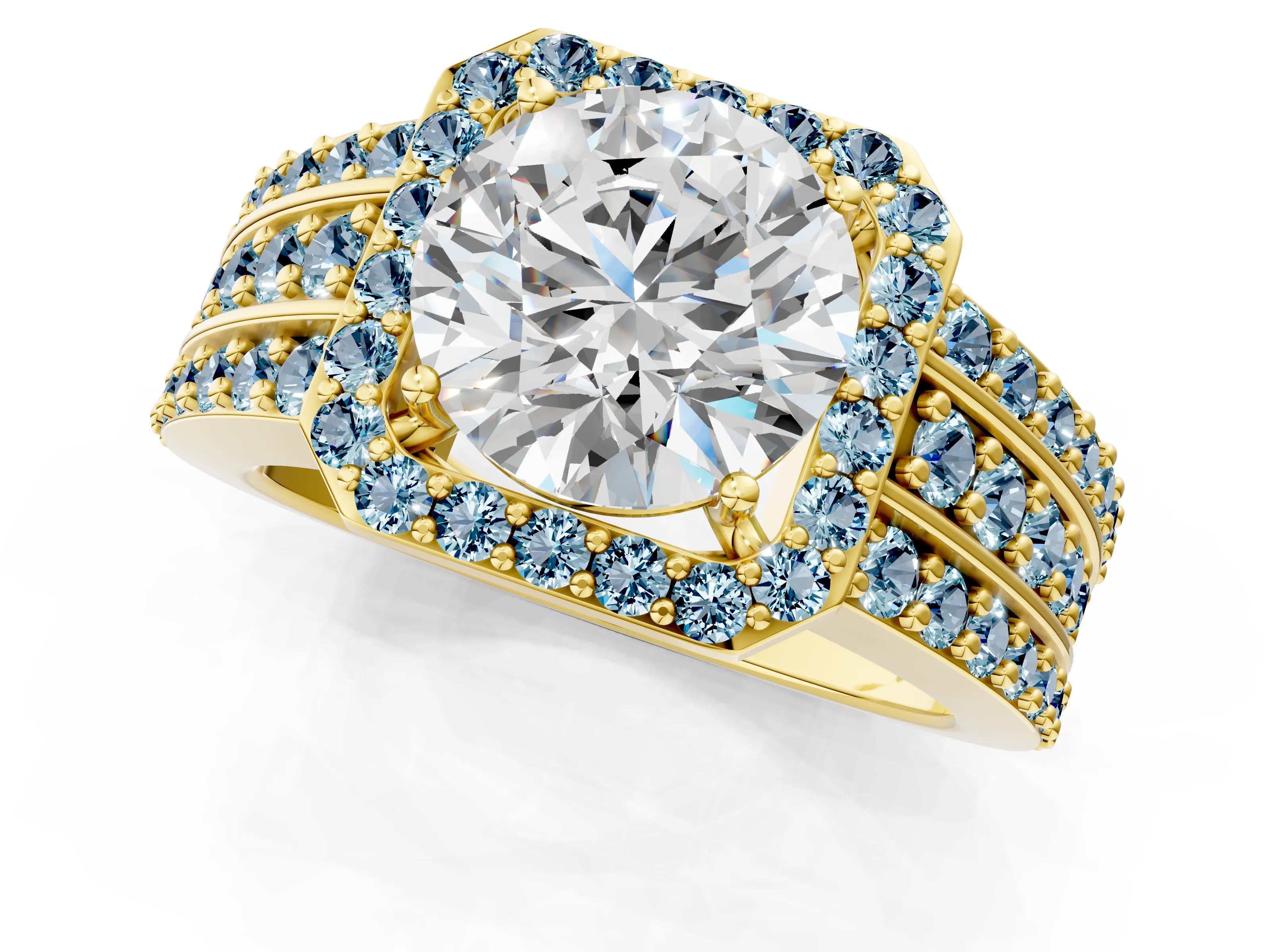 Yellow gold Round Cut Halo Diamond Ring with Round with Aquamarine side stone Split Shank and Prong Setting_1