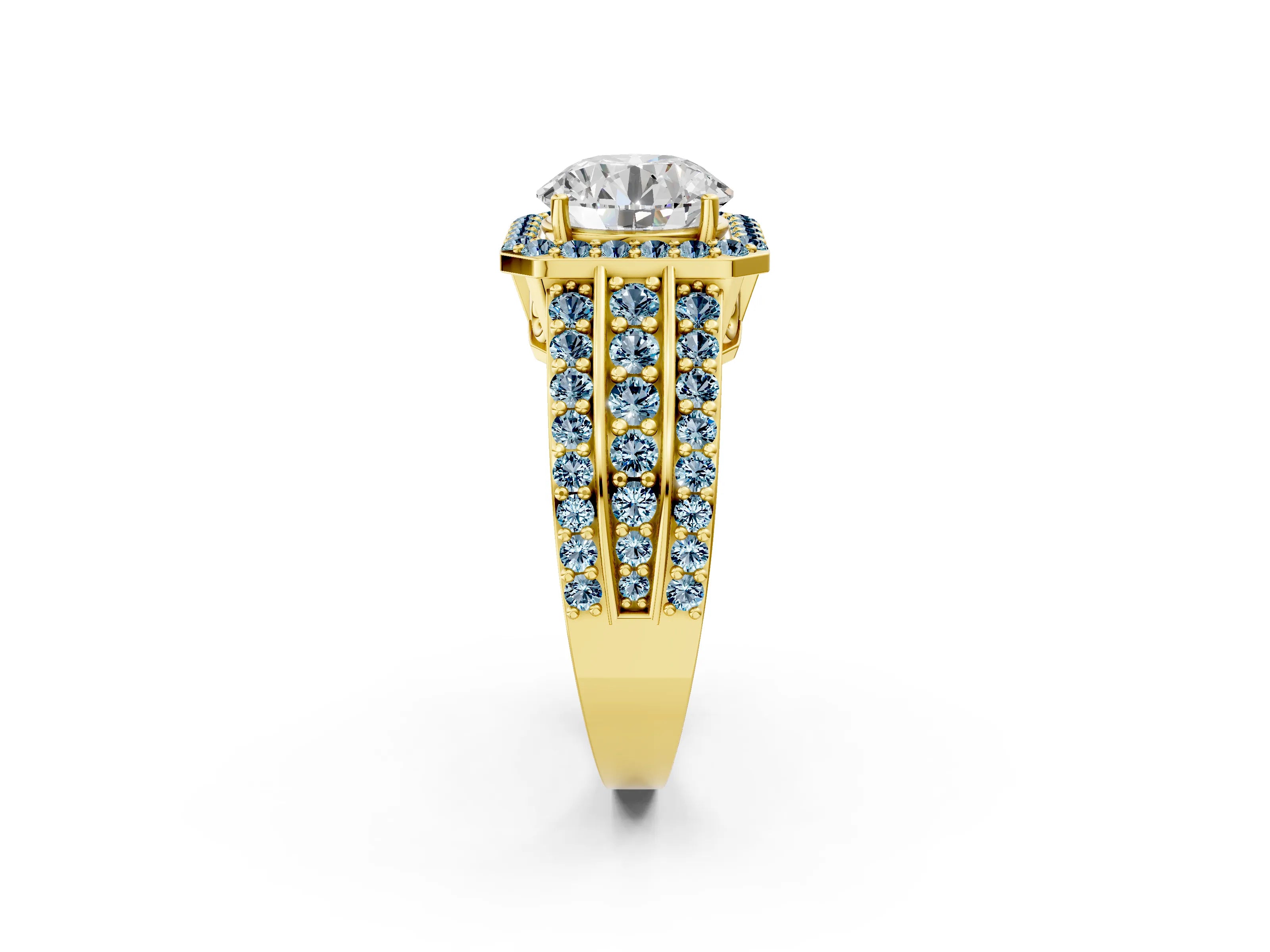 Yellow gold Round Cut Halo Diamond Ring with Round with Aquamarine side stone Split Shank and Prong Setting_2