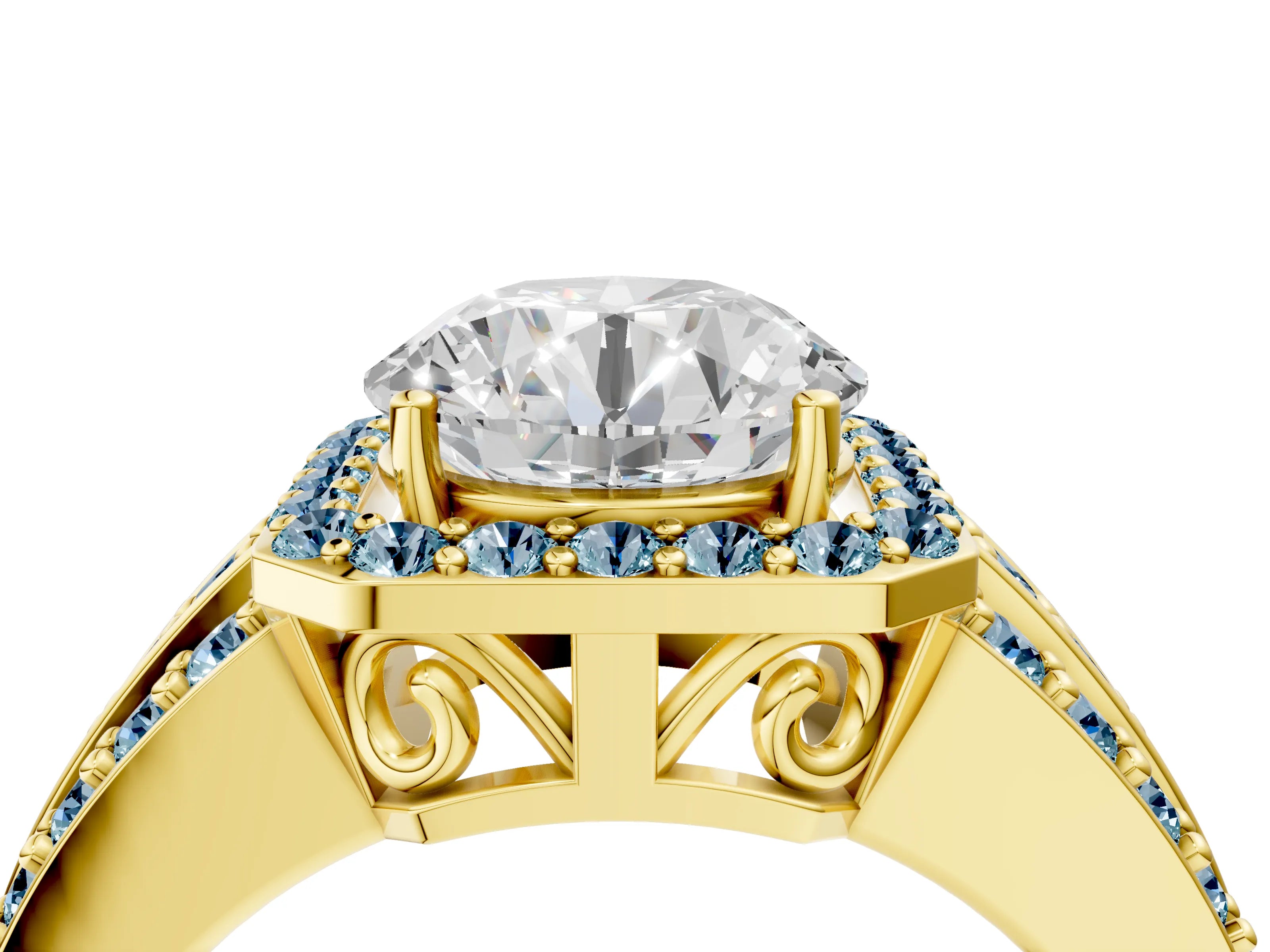 Yellow gold Round Cut Halo Diamond Ring with Round with Aquamarine side stone Split Shank and Prong Setting_4